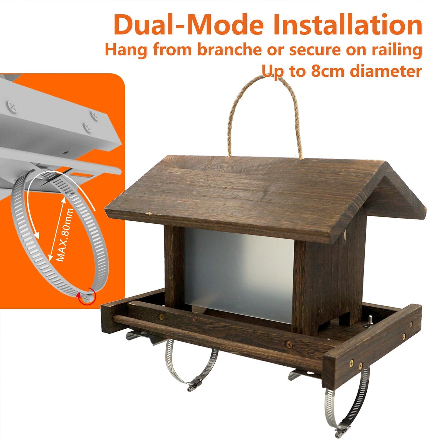 Zeqeey Wooden Bird Feeder Large Capacity Hanging Wood Birdfeeder with Tree Railing Handrail Fence Mounting Bracket for Feeding Outside Garden Wild Finches Robin Sparrow
