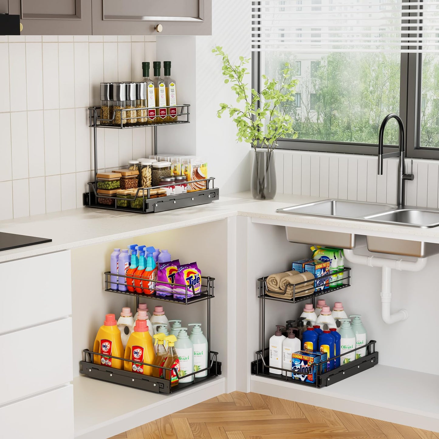 Under Sink Organizer 2 Pack, 2-Tier Heavy Duty Silent Pull-Out Under Sink Organizers and Storage, Rustproof Full Extension Under Sink Storage for Kitchen, Bathroom, Cabinet