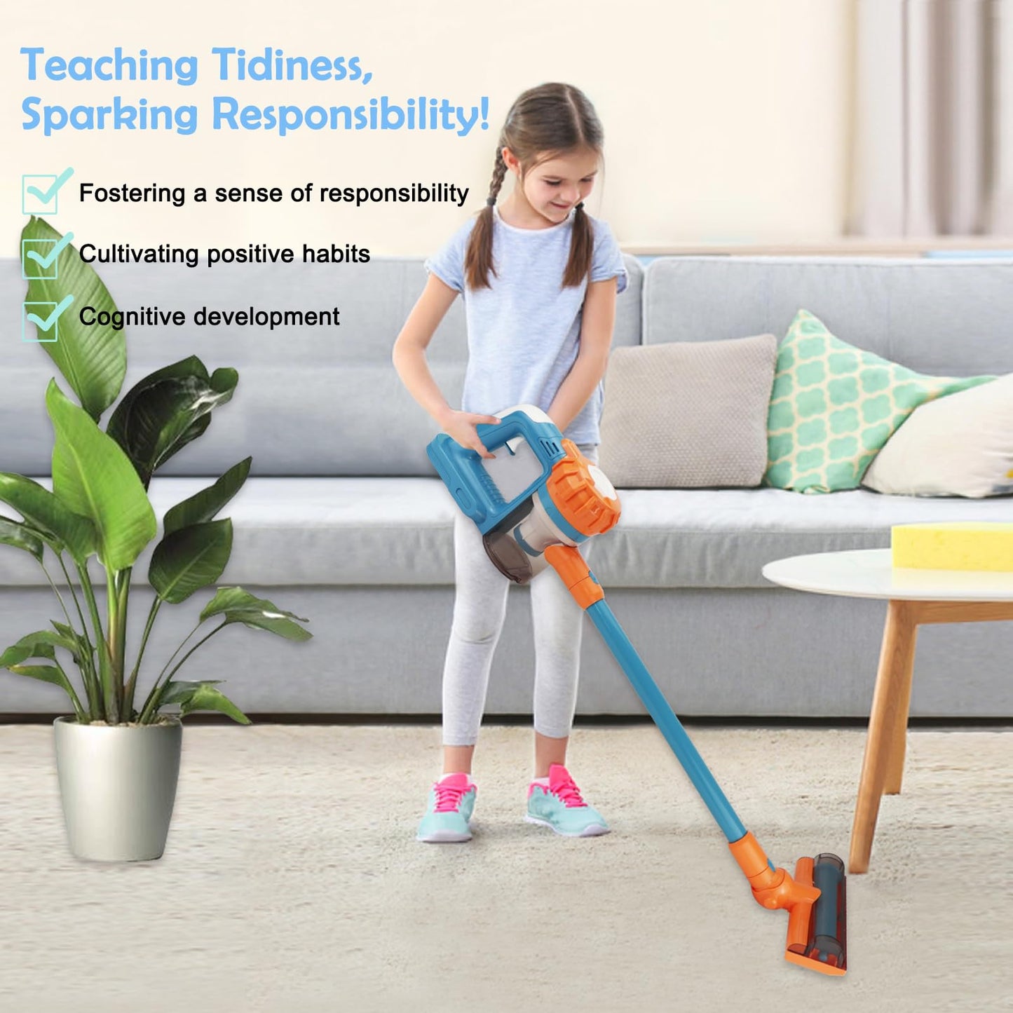 BAYMI Kids Vacuum That Really Works 9Pcs Kids Cleaning Set for Toddlers Toy Cleaner Kids Broom and Dustpan Set Aged 3+ Scrub Brushes for Cleaning Baby Boy Girl Gifts (950Blue)