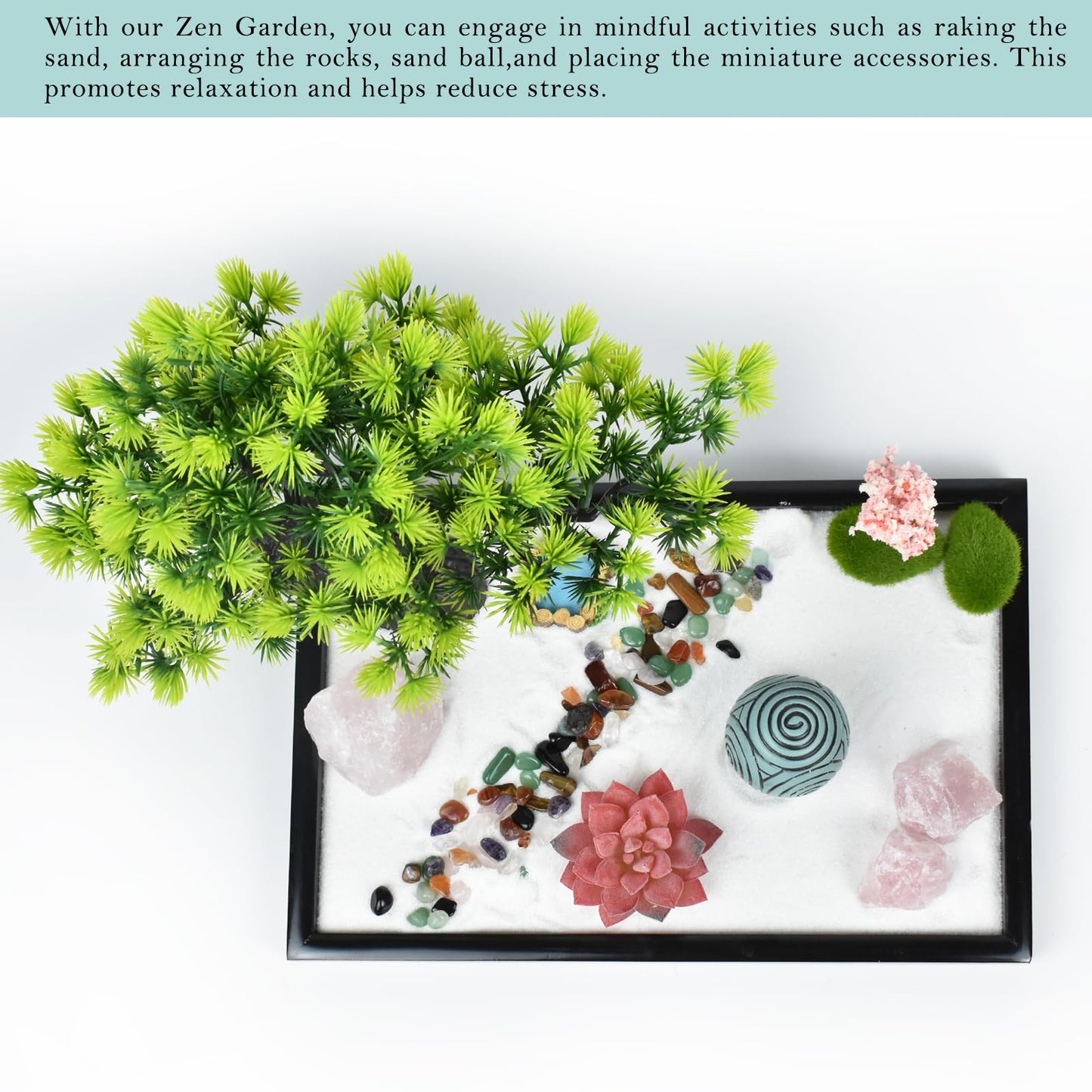 Artcome Japanese Zen Sand Garden for Desk - Home, Office Desk Accessories - Crafted Meditation Therapy Rectangle Tray - Mindful Relaxation and Meditation Tool for Stress Relief - Meditation Gift Set