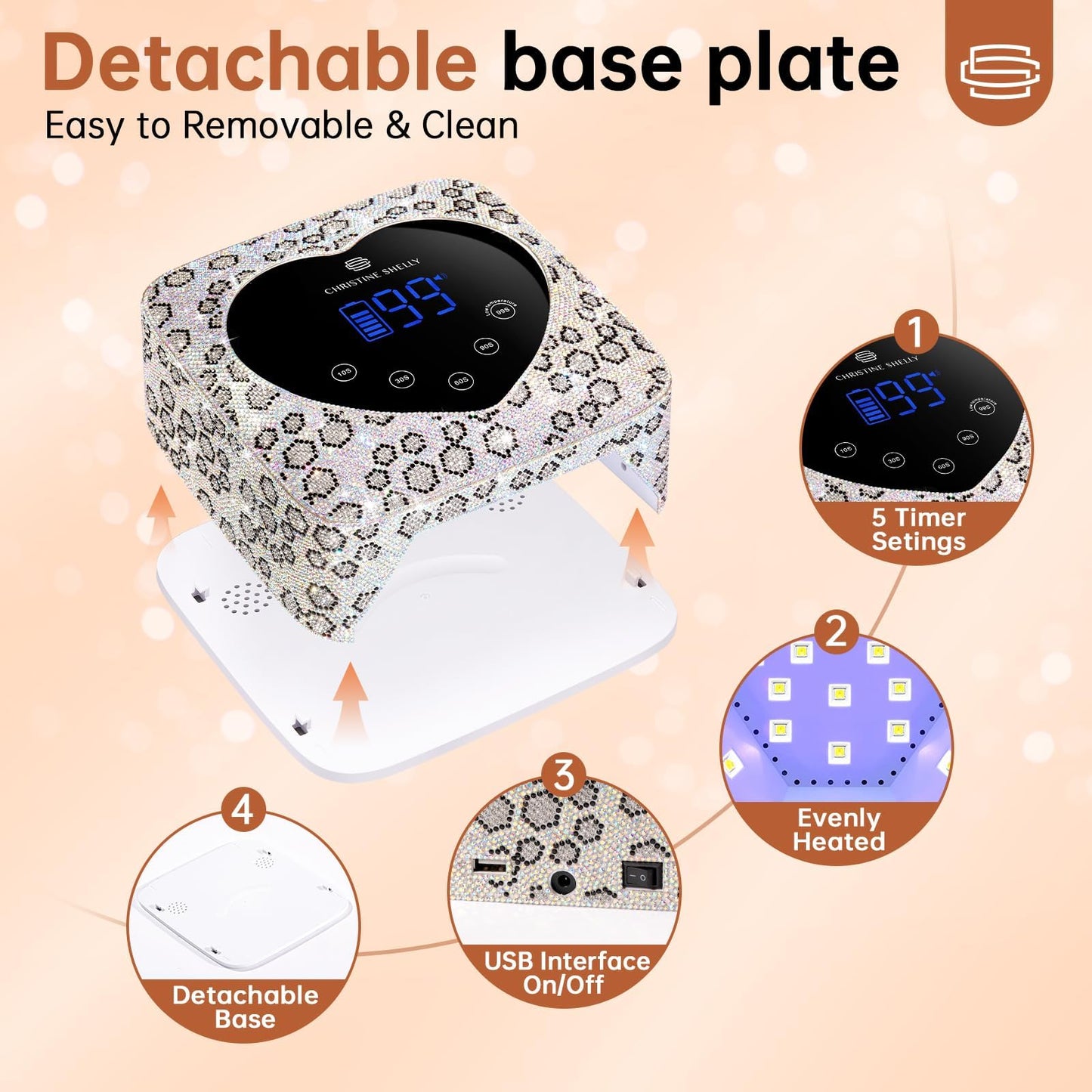 CHRISTINE SHELLY UV LED Nail Lamp 72W Rechargeable Sparkly Wireless Nail Dryer Gel Polish Light with 5 Timer Setting Professional Quick Dry Curing Lamp with Display Auto Sensor for Salon & Home