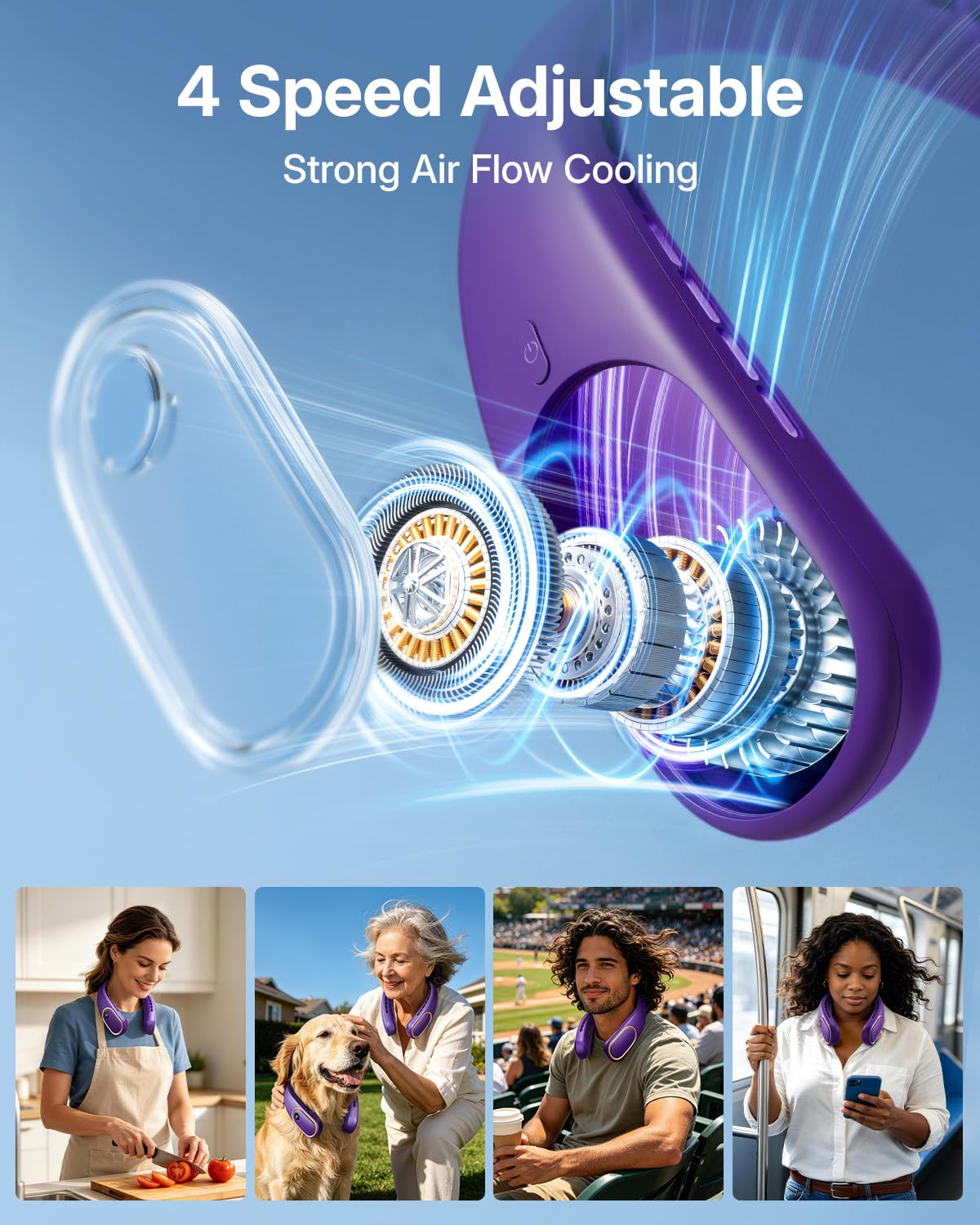 Portable Neck Fan - Hands Free Personal Fan, Rechargeable Bladeless Fan with 5000mAh-Battery, Digital Display, 4 Speeds, Birthday Gifts for Men, Women, Mom, and Dad - Purple