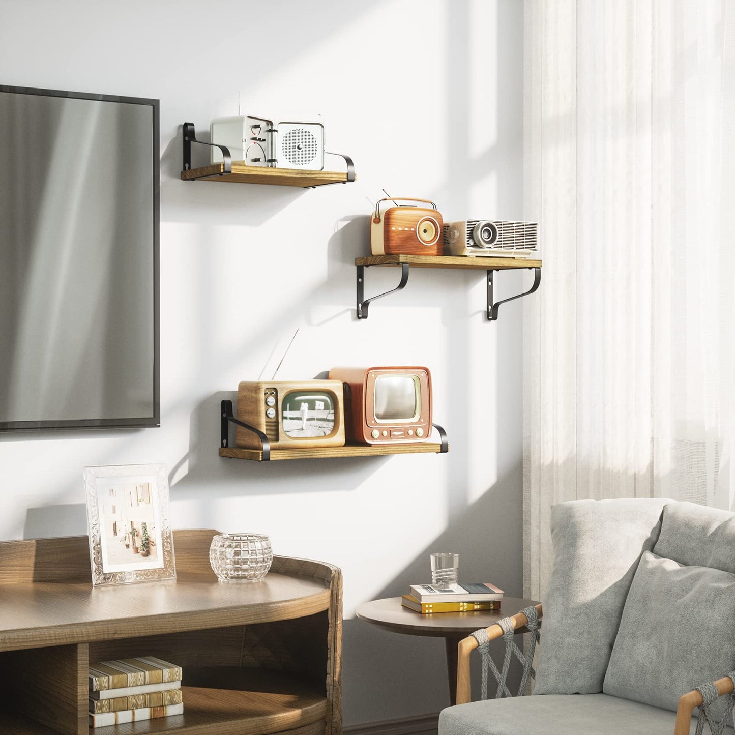 Love-KANKEI Floating Shelves Wall Mounted Set of 3, Large Wood Wall Shelves for Storage, Rustic Shelves for Bathroom,Bedroom,Living Room,Kitchen,Office Display Carbonized Black