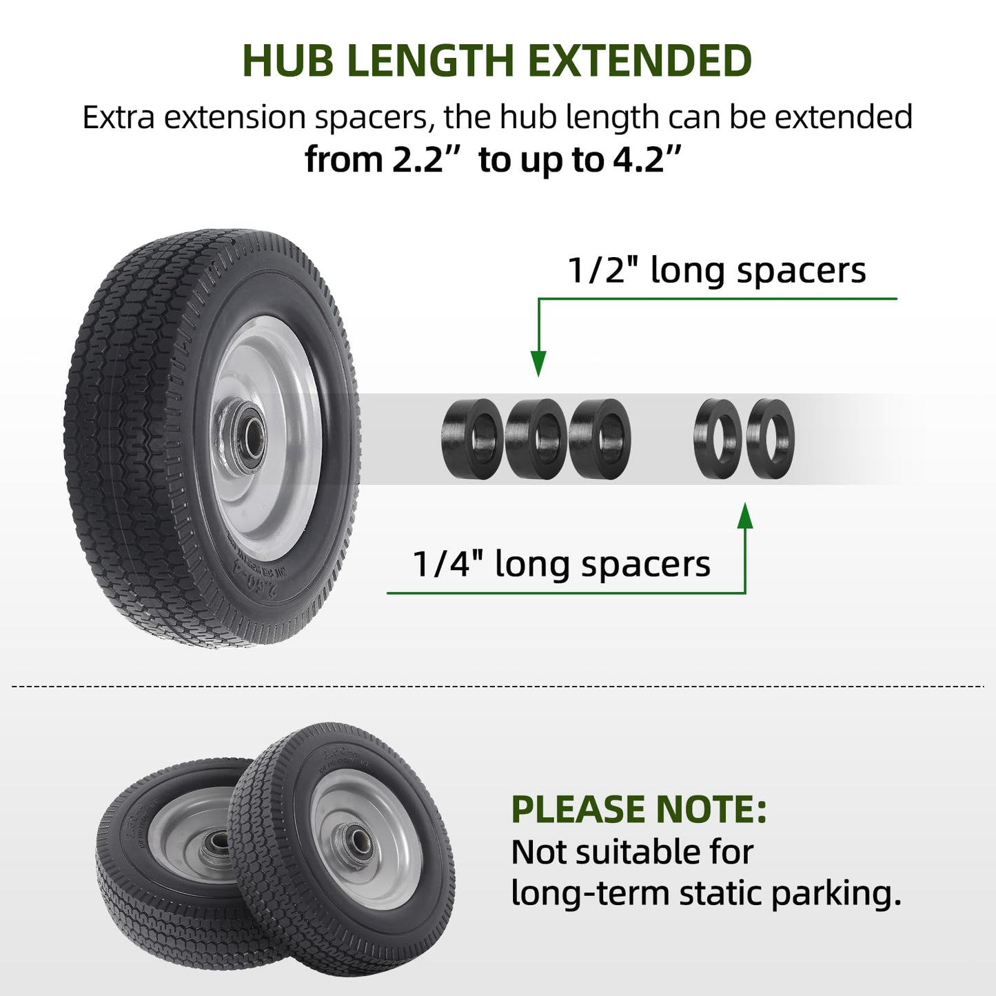 (2-Pack) AR-PRO 2.50-4” Solid PU Run-Flat Tire Wheel Assemblies - 8” Flat Free Tubeless Tires and Wheels for Utility Equipment - 5/8” Axle Bore Hole, 2 1/4” Offset Hub, and Double-Sealed Ball Bearings