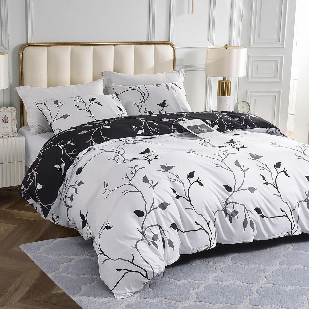 Conworld Reversible Duvet Cover King, White Black Tree Branch Pattern King Duvet Cover Set 3pc Soft Microfiber Breathable Botanical Bedding Sets with Zipper Ties