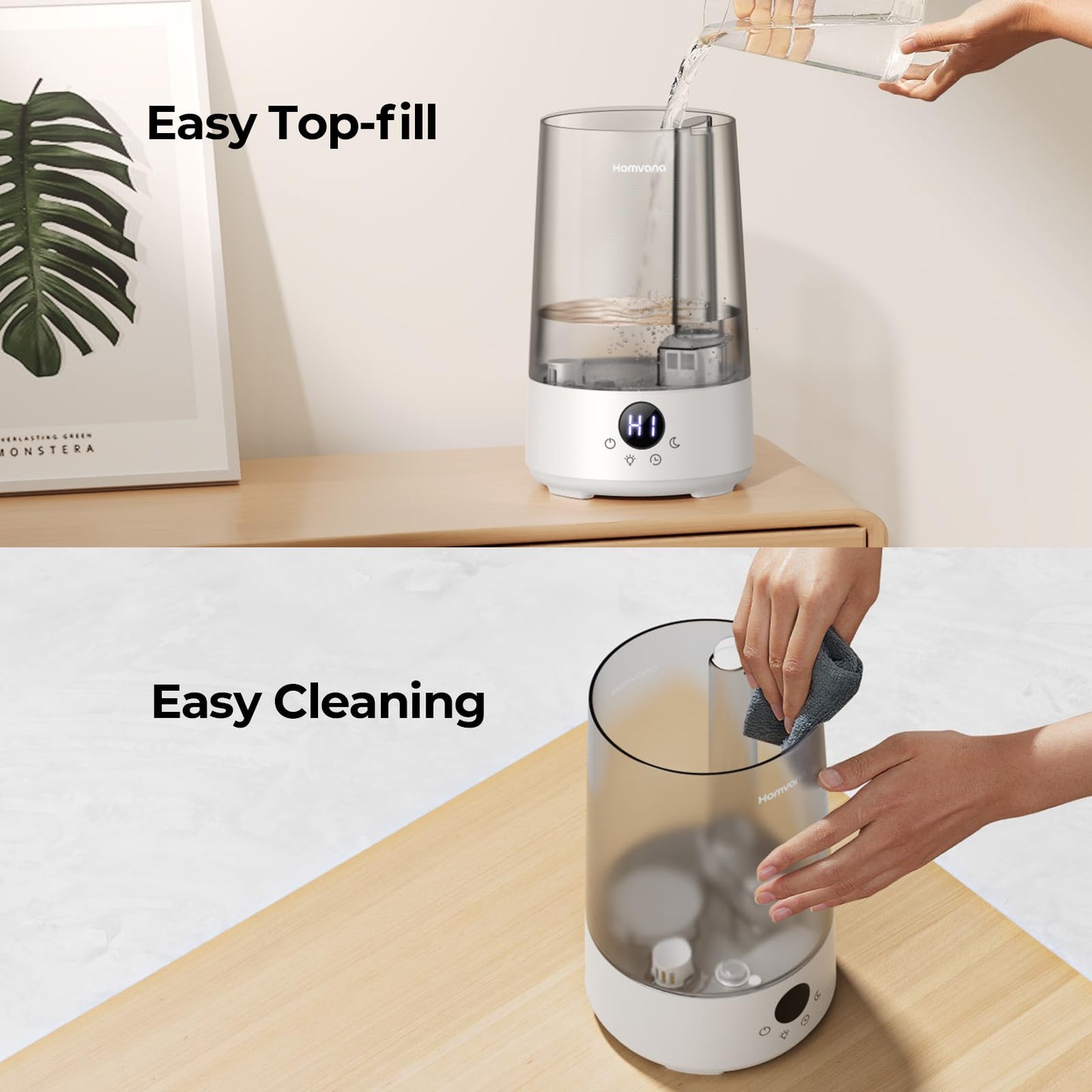 Homvana Humidifiers for Bedroom Home, 3.6 L Cool Mist Top-Fill 34H Super Long Time, Quiet 16dB, Baby Humidifier, Oil Diffuser Large, Plants, Nursery, Office BPA FREE, 7 Color Light (Grey)