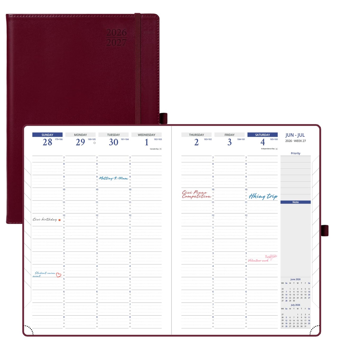 POPRUN 2026-2027 Planner - Weekly And Monthly Planner (A4 Size 8.25'' x 11.75''), 15-Minute Hourly Planner & Appointment Book (July 2026 - June 2027), Monthly Tabs, Inner-pocket - Burgundy