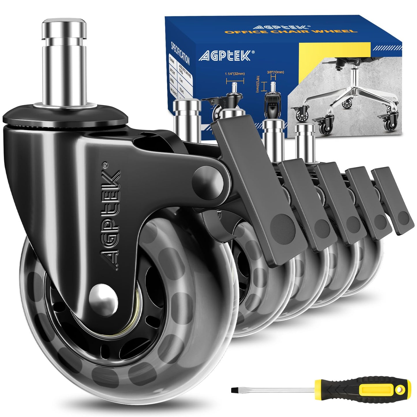 AGPTEK Set of 5-Office Chair Caster Wheels with Brakes, Quiet Office Chair Wheels Replacement with Locks (10x22mm) for Hardwood Floors and Carpet, No Noise, Heavy Duty Game Chair casters