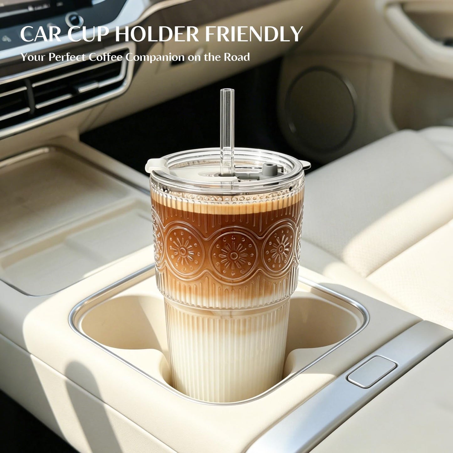 INSETLAN 20oz Ribbed & Floral Glass Tumblers with Lids and Glass Straws, Set of 4 – Iced Coffee Cups, Reusable Drinking Glasses for Water, Smoothies, Tea, and Juice – Perfect for Travel & Daily Use