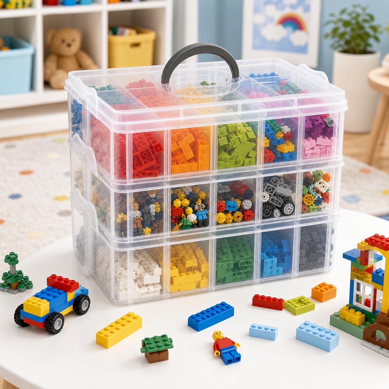 Guyuyii 3-Tier Stackable Bead Organizer with Adjustable Dividers - 30 Compartments Plastic Storage Box for Washi Tape, Lego Pieces, Rock Collection & Sewing Threads - Portable Craft Case with Handle