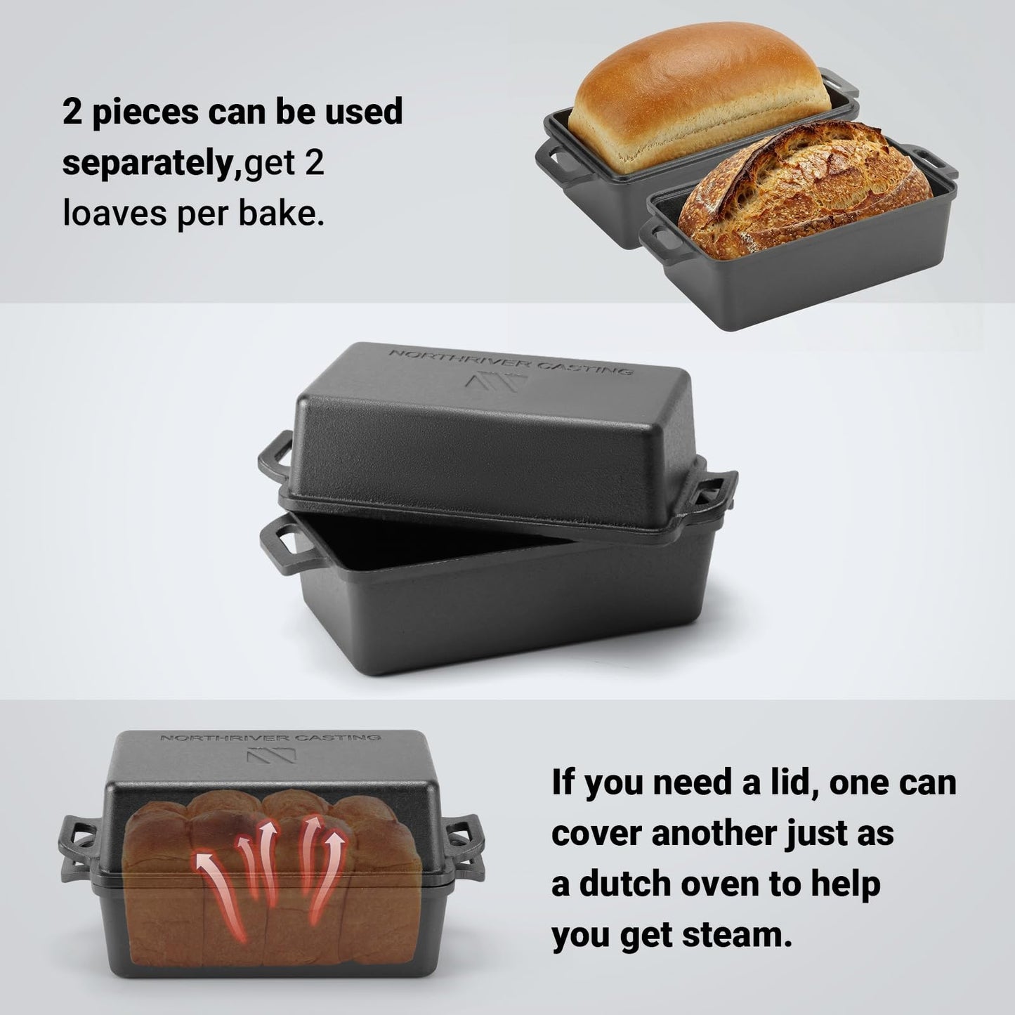 9×5 Inch Cast Iron Loaf Pan with Lid | Bread Baking Pans | Even Heat Distribution for Homemade Bread, Cake, Meatloaf, 2 Piece Set