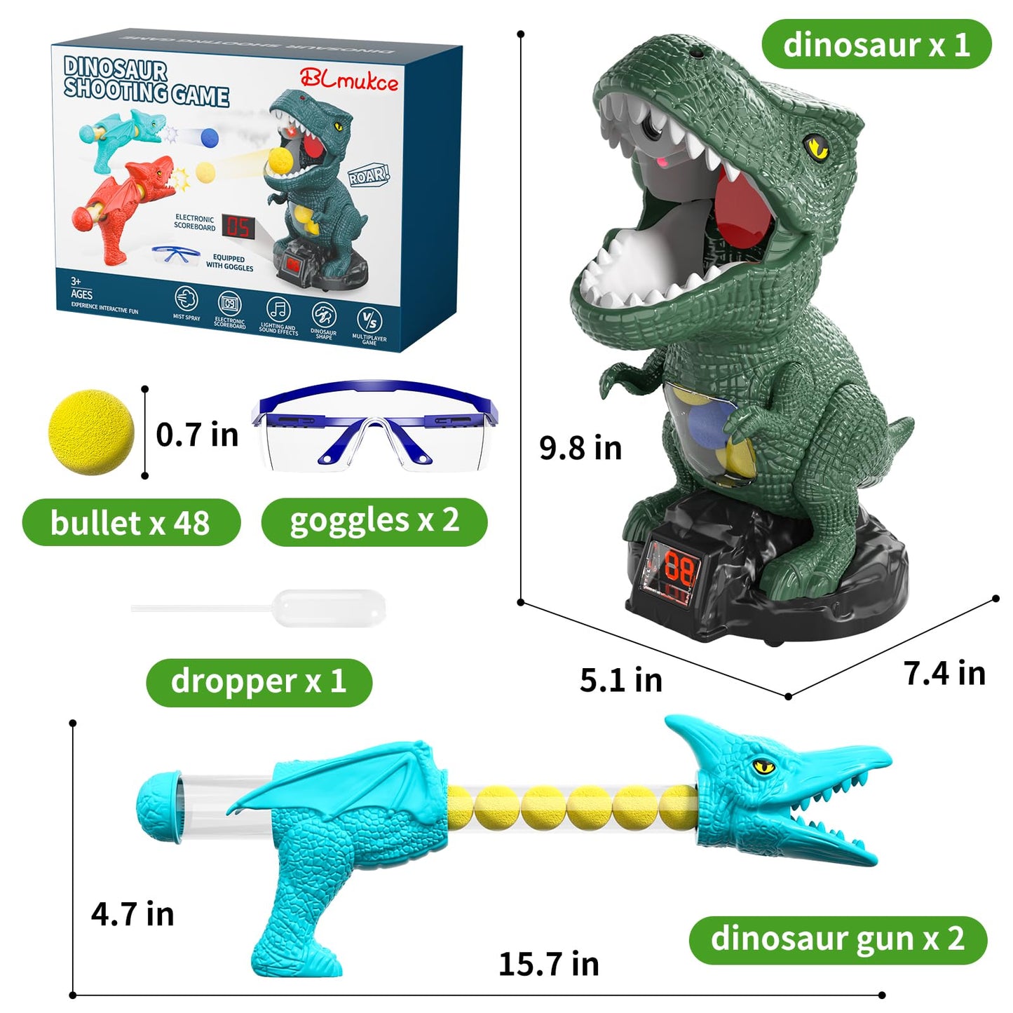 BLmukce Dinosaur Movable Shooting Toys for Kids, 2 Air Pump Launchers, Electronic Kids Target Games, LCD Score Record, Light & Sound, 48 Foam Balls, Competition Game Gift for Boys 3-5 Years Old