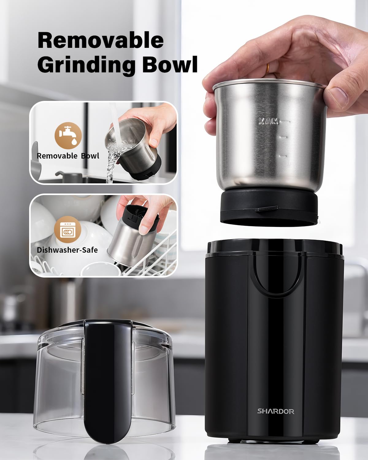 SHARDOR Coffee and Spice Grinder Electric, Coffee Bean Grinder with 2 Removable Stainless Steel Bowls for Spices, Herbs, Nuts and Seeds, Black