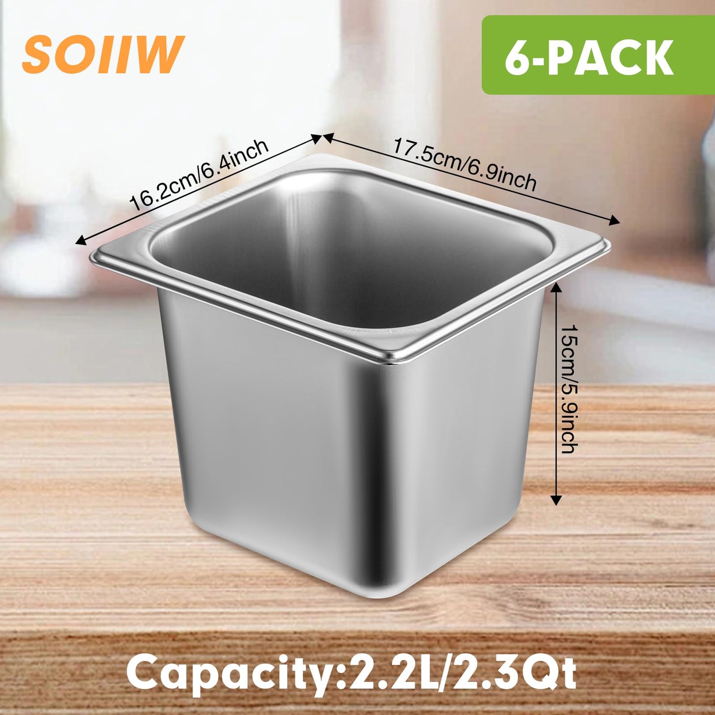 6 Pack Stainless Steel Hotel Pans with Lid 1/6 Size x 6" Deep Steam Table Pan 0.8 mm Thick Commercial Food Storage Containers Anti Jam Pan Stainless Steel Steamer Pan for Hotel Restaurant Buffet