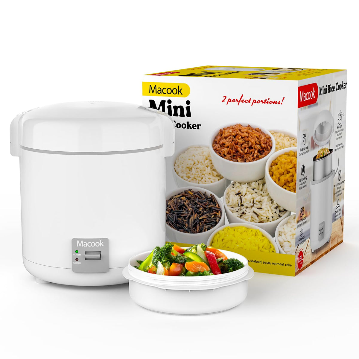Rice Cooker Small 1-1.5 Cups Uncooked(3 Cups Cooked), Compact Cooker with Bento Box, Removable Nonstick Pot, One Touch&Keep Warm Function, Portable Rice Cooker for Soup Grain Oatmeal Veggie (0.3L-Gray-with Bento Box)