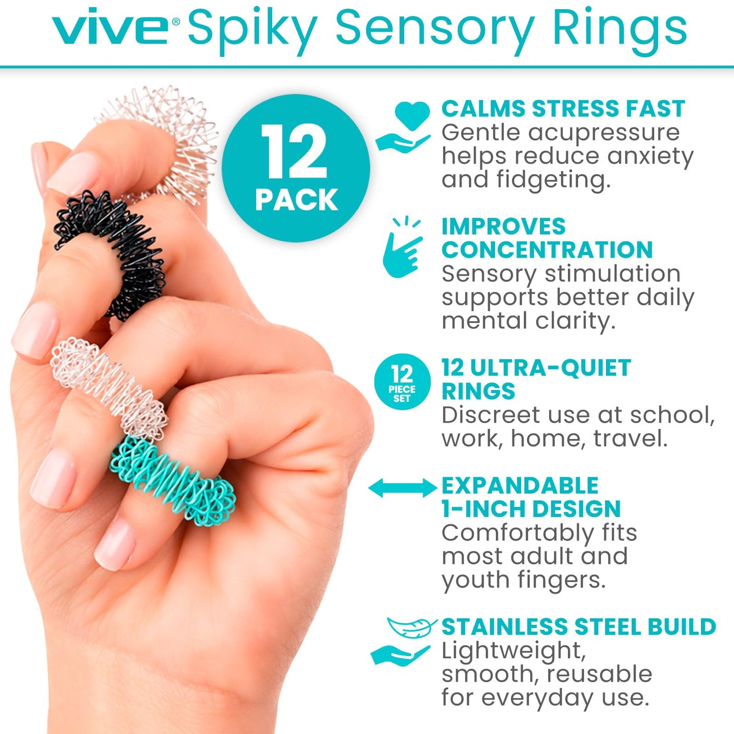 Vive Spiky Sensory Rings (12-PK) - Fidget Anti-Anxiety Acupressure - Spiky Spinner for Finger - Ideal Set for Men, Women, Adults, Calming for Stress Relief, Massage, 12 Count (Pack of 1),