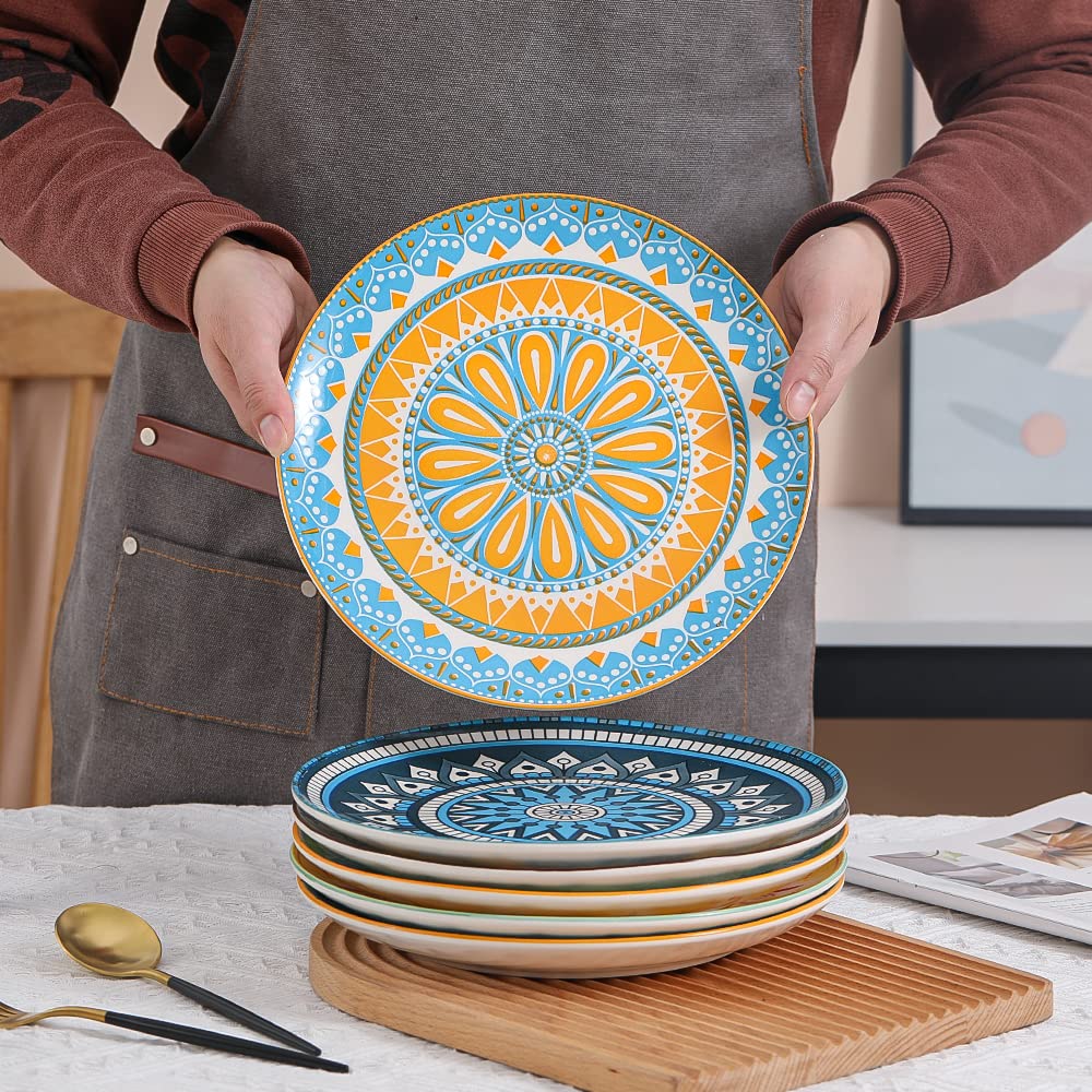 Dinner Plates Set of 6, 10 Inch Scratch Resistant Ceramic Plates, Dishwasher and Microwave Safe, Pasta Plate, Salad Plate, for Main Course, Multicolor