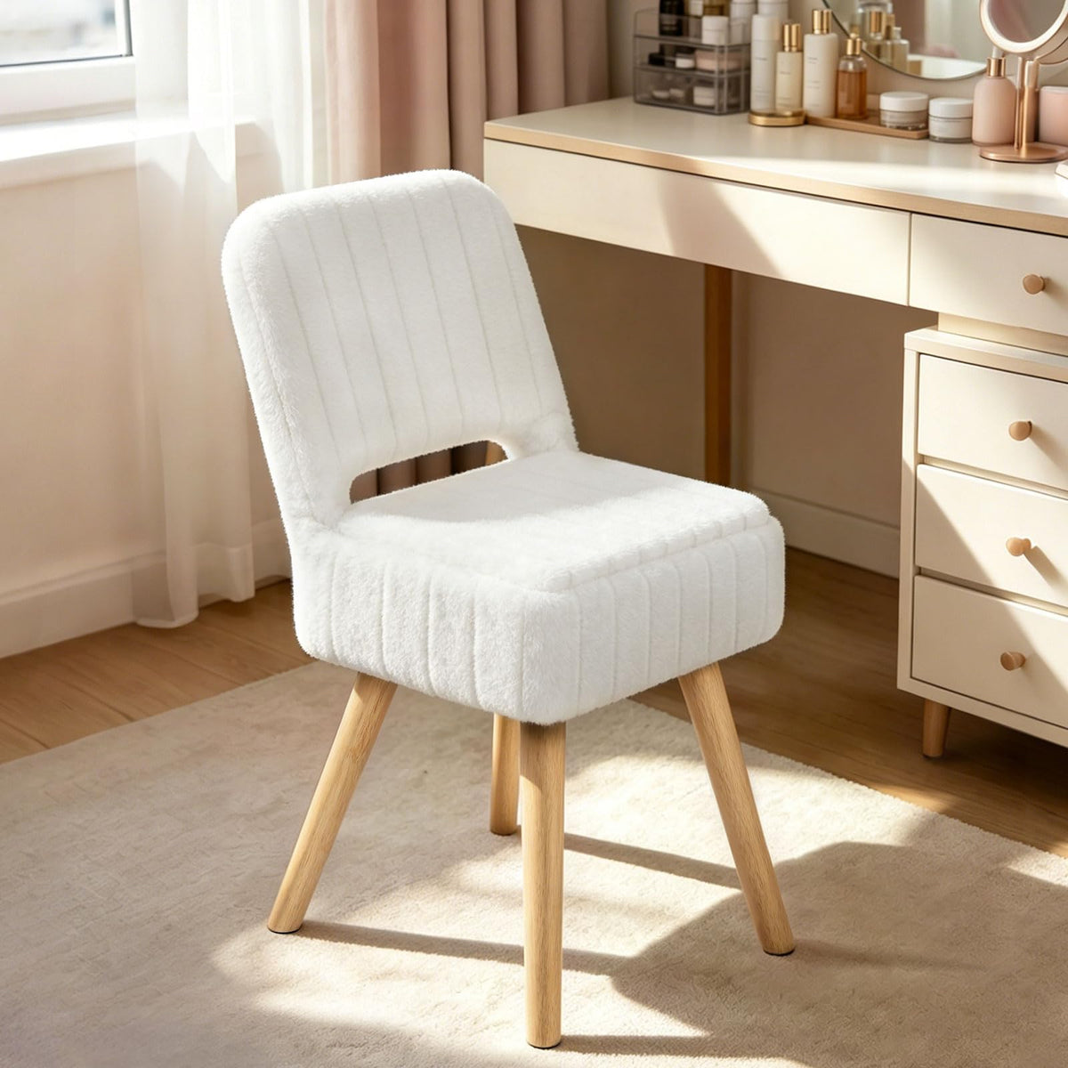 KANEODOT Vanity Stool with Folding Backrest & Storage,Faux Rabbit Fur Small Makeup Chair with 4 Solid Wood Legs,11.4" D x 14.9" W x 28.7" H,Soft Ottoman for Living Room,Bedroom,Closet,White