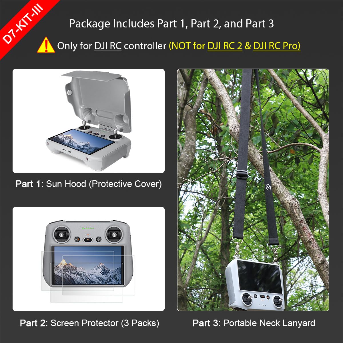 Arzroic Sun Hood Kit for DJI Mini 3/3 Pro RC Controller Accessories - Anti-Glare Sun Shade Cover, Screen Protector and Neck Lanyard Bundle