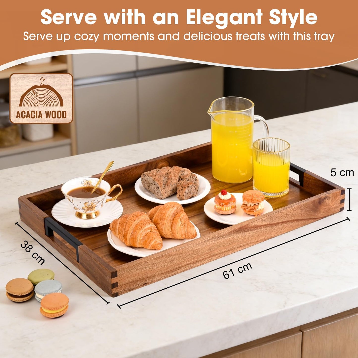 Large Ottoman Tray for Living Room and Coffee Table, Decorative Acacia Wood Serving Tray with Handles for Breakfast in Bed, Dinner Food Kitchen TV (Natural, 61 x 38 x 5 cm)