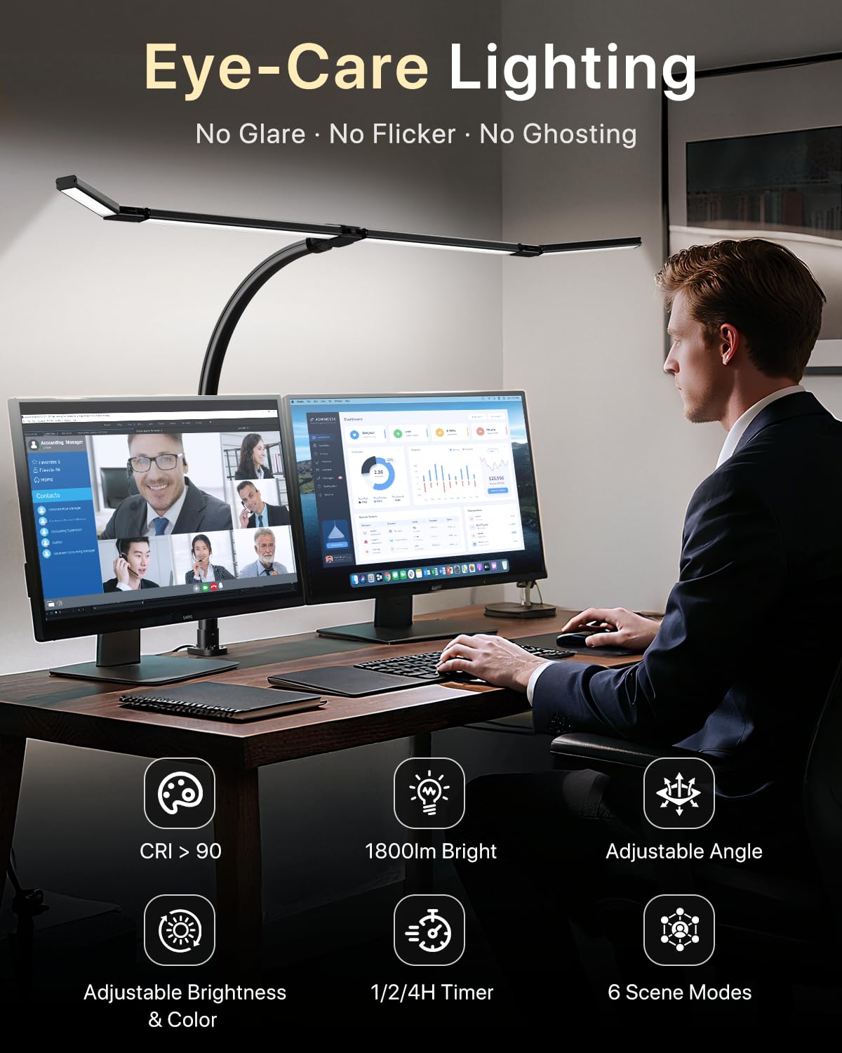 ONEMIX 42" LED Desk Lamp with Clamp, Architect Desk Light with Remote, Adjustable 4-Segment Bar, 1800LM Bright, Eye-Caring Desk Lamp for Home Office, Reading, Study, Dual Monitors, Workbench (Black)