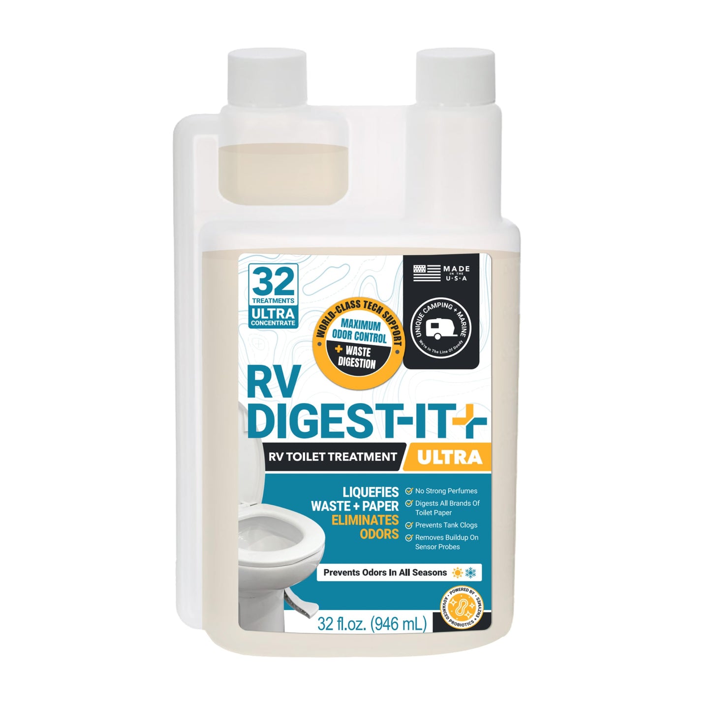 Unique RV Digest-It Ultra RV Toilet Treatment, 32 Uses, Super Concentrated, Eliminates Smells, Liquifies Waste, Easy-Measure Preventive Bio-Enzymatic Holding Tank Treatment, Package May Vary (32 oz)