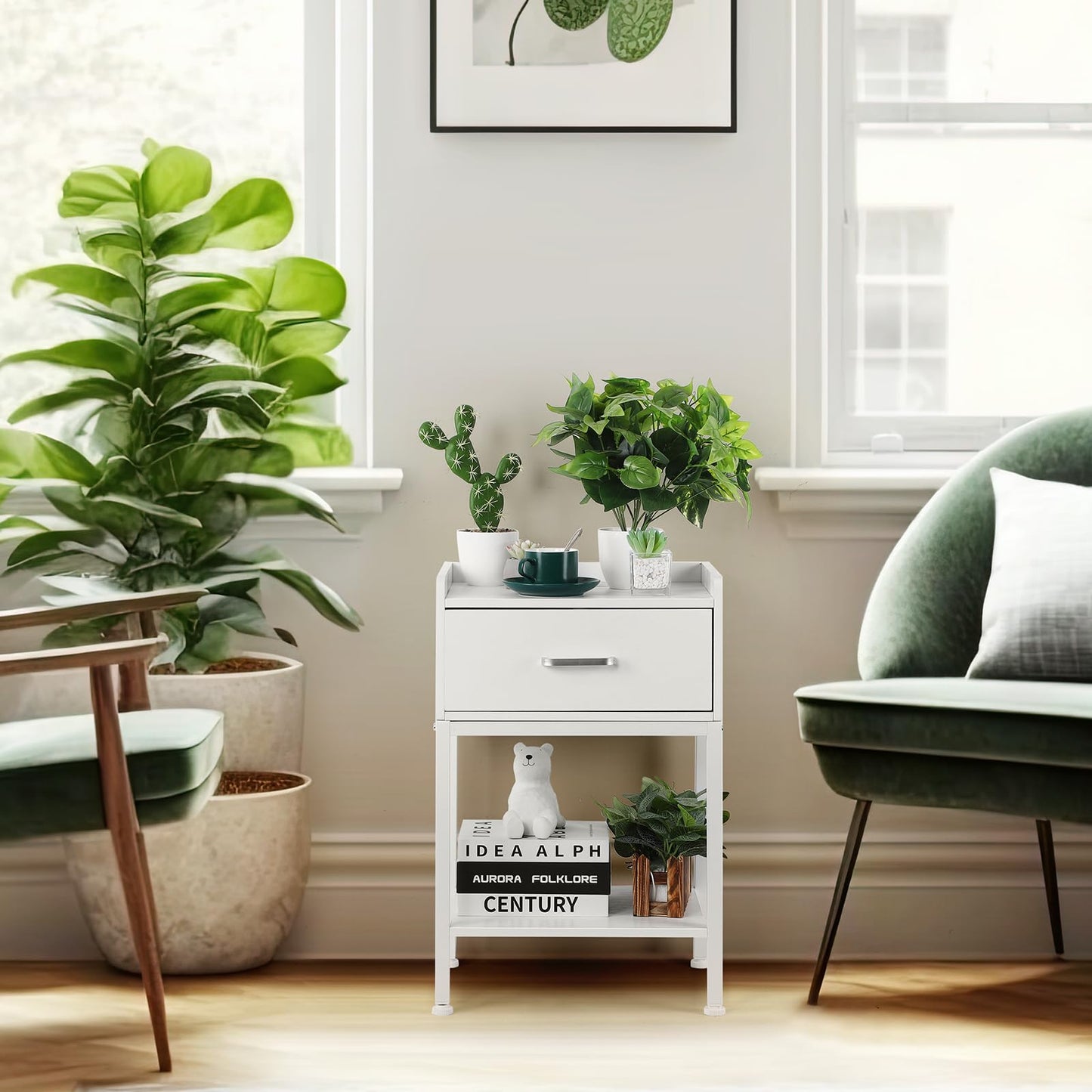 OYEAL White Nightstand, End Table with Charging Station 2-Tier Side Table with Drawer and Storage Shelf, Rustic Bedside Night Stand for Bedroom, Living Room, Easy Assembly, White