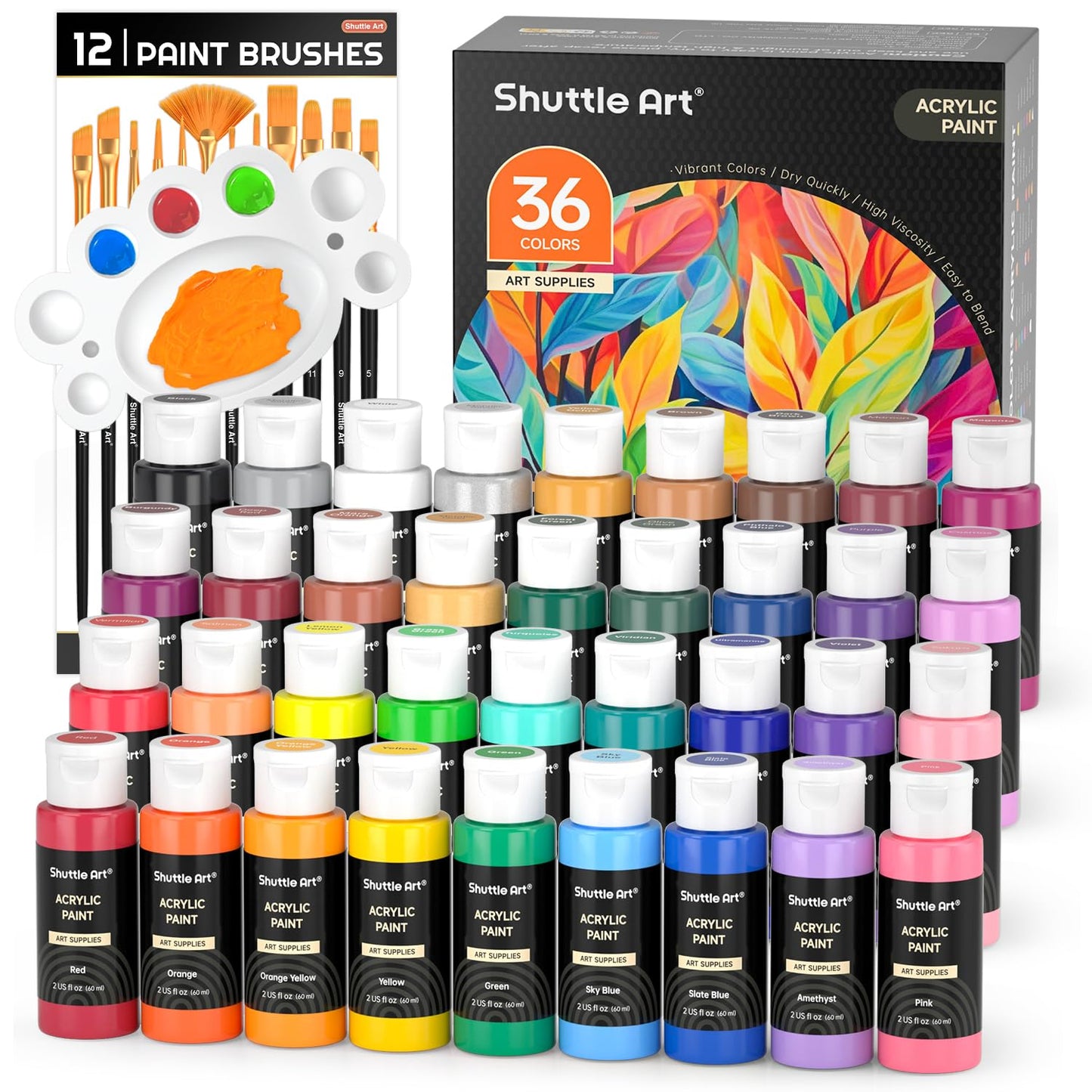 Shuttle Art Acrylic Paint Set, 36 Colors Acrylic Paint (2oz/Bottle) with Brushes & Palette, Rich Pigments Non-toxic Paint for Artists & Adults, Art Supplies for Canvas Rock Ceramic Wood Painting