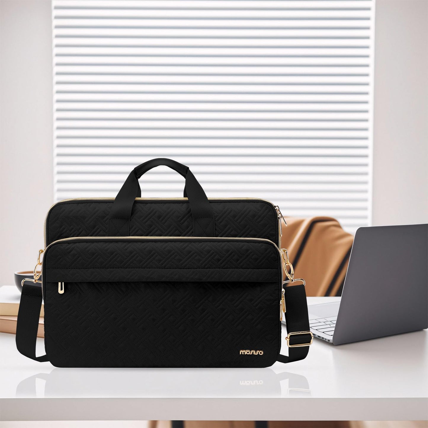 MOSISO Laptop Bag for Women 15.6 inch, 15-16 inch Double Line Rhombus Quilted Laptop Messenger Bag for Office Work Business with 2 Front Pockets, Black