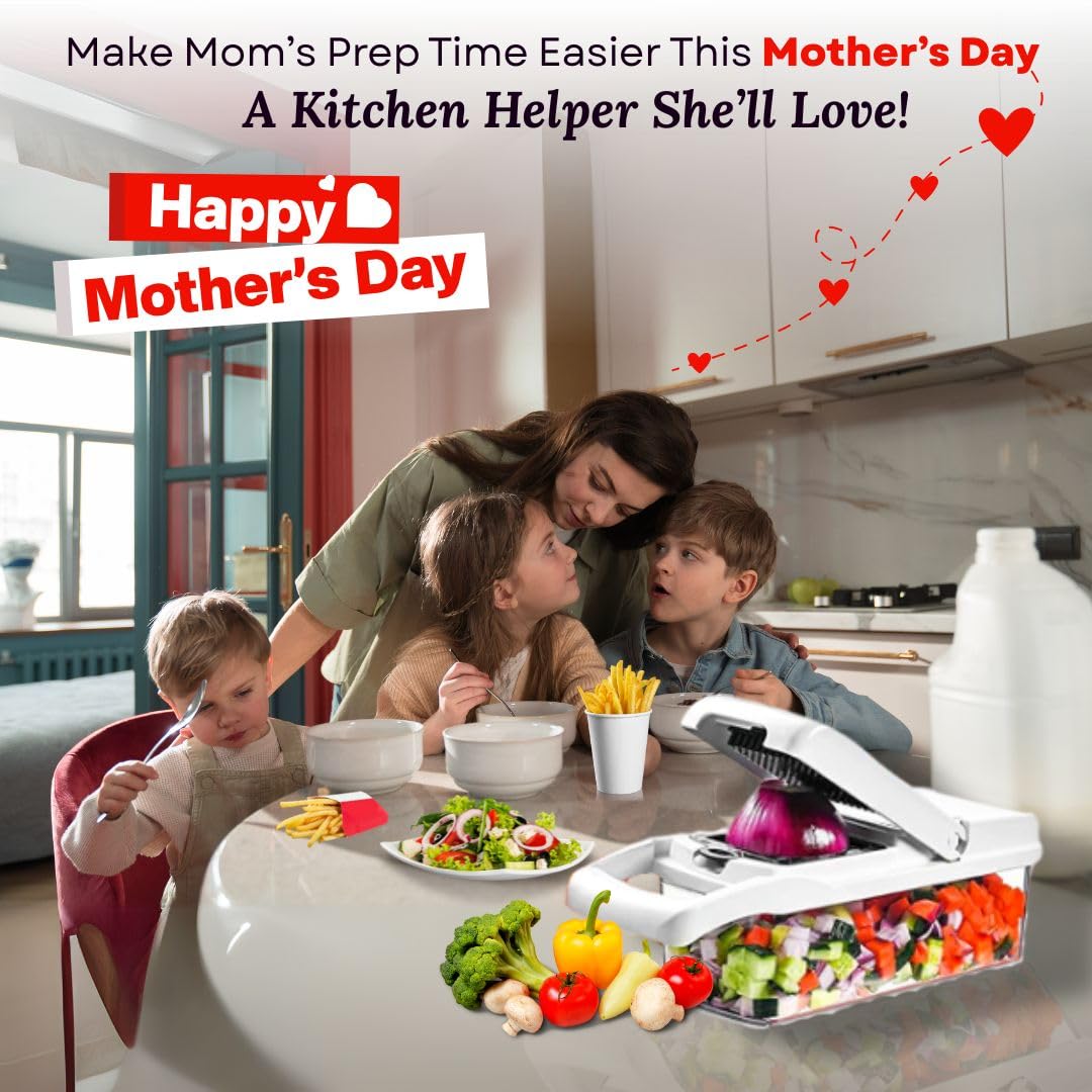 22-in-1 Safety-Locked Vegetable Chopper with 13 Stainless Blades - BPA-Free Vegetable Slicer & Onion Chopper – Meal Prep Veggie Chopper & Mandoline Slicer with Storage (White)