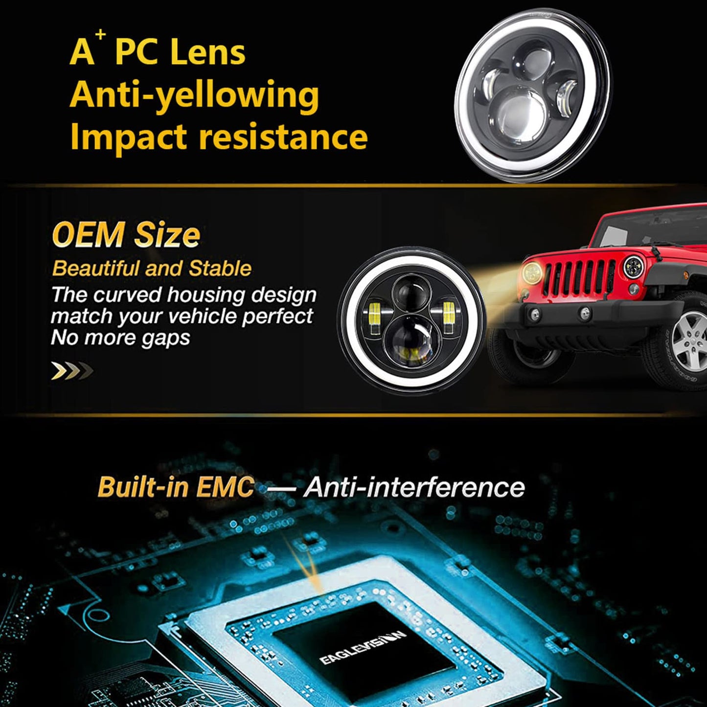 Shkalacar 7inch LED Headlight H4 140W Angel Eyes Round Headlights 4 Modes 14000LM 6000K White/3000K Amber Car Motorcycle Headlight Auto Ring Lights IP67 Waterproof 2pcs
