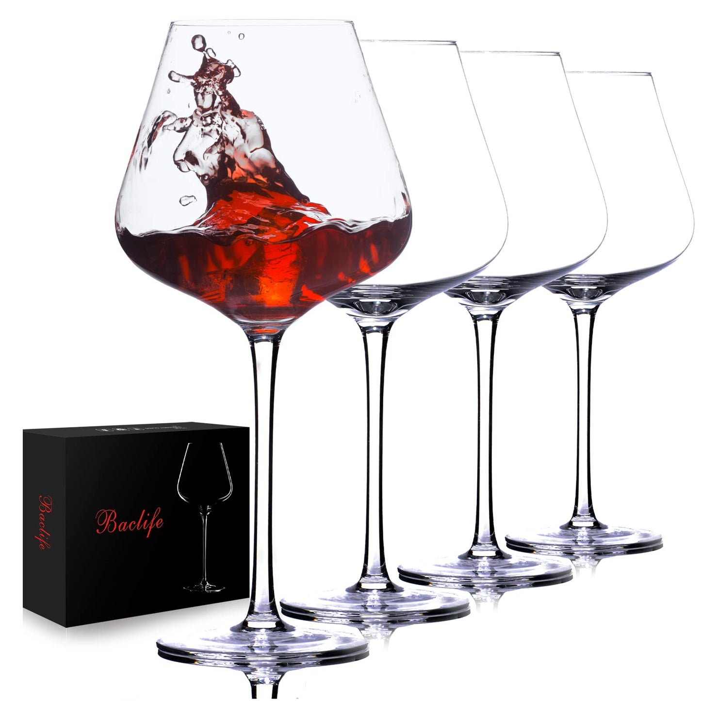 Hand Blown Red Wine Glasses Set of 4 – 23 oz Burgundy Wine Glasses with Long Stem – Lead-Free Premium Crystal Wine Glass – Unique Gift for Wedding, Anniversary, Mother’s Day – Clear