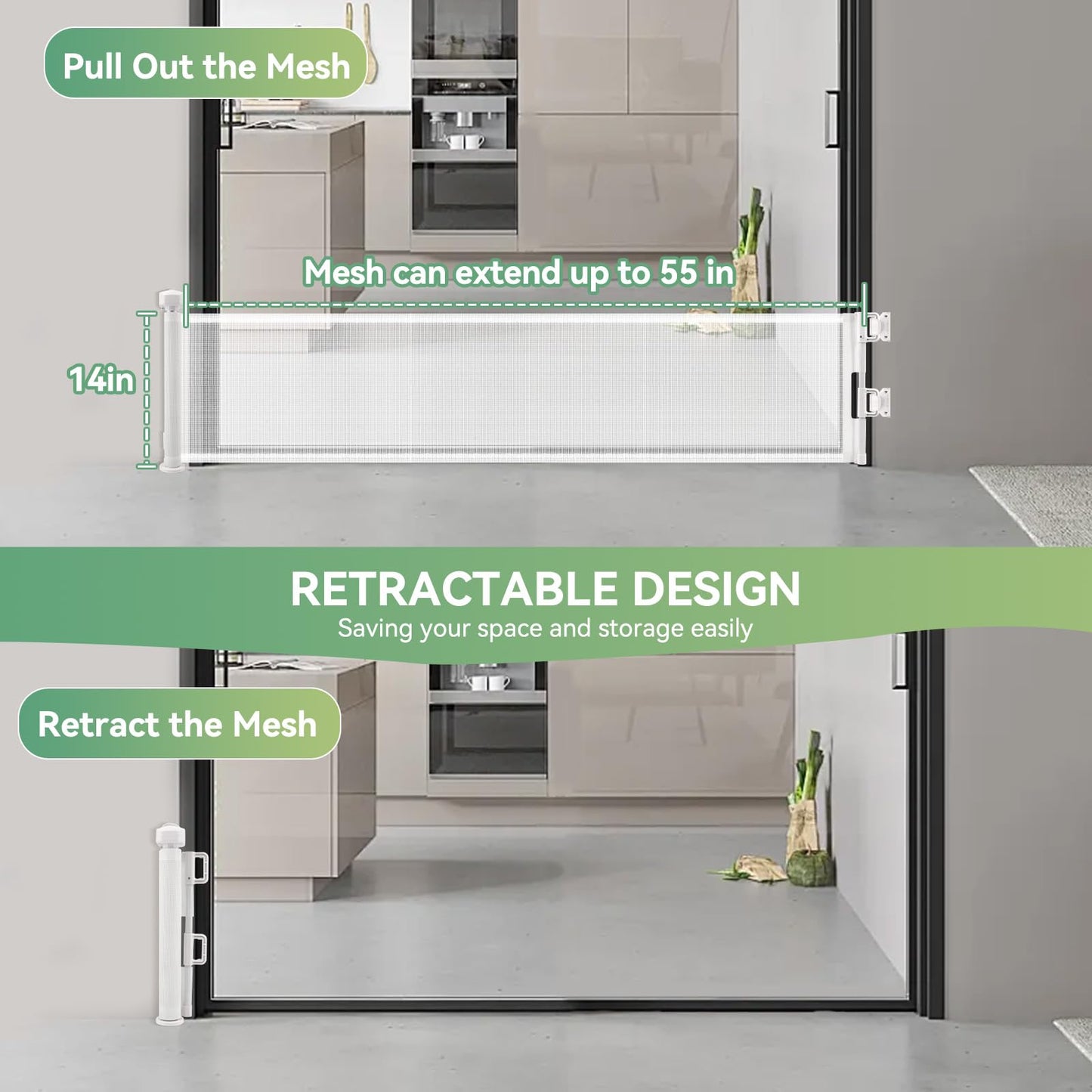 Crazydeer 2 Packs Set 14" Tall Short Dog Gate to Step Over, Retractable Mesh Pet Door for Small Puppy, Extended up to 55" Wide for Indoor Stairs Doorways and Hallway(White)