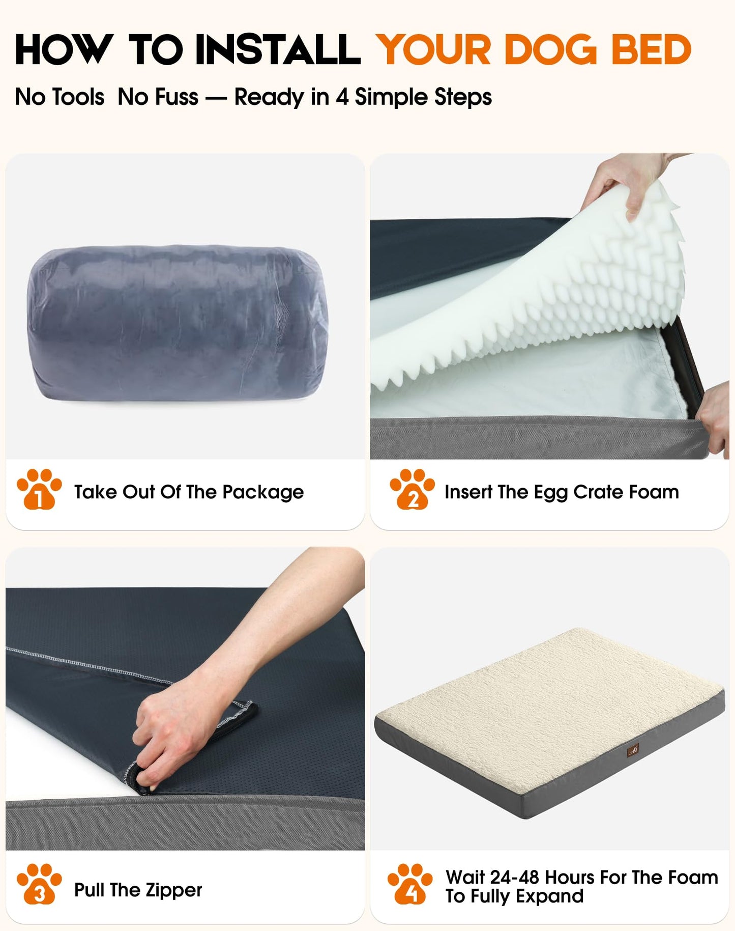 UPVILLA Waterproof Dog Bed Large-Orthopedic Support & Egg Crate Foam Dogs Mat, Soft & Cozy Dog Crate Pad with Non-Slip Bottom and Machine Washable Cover, Large Pet Mat Beige