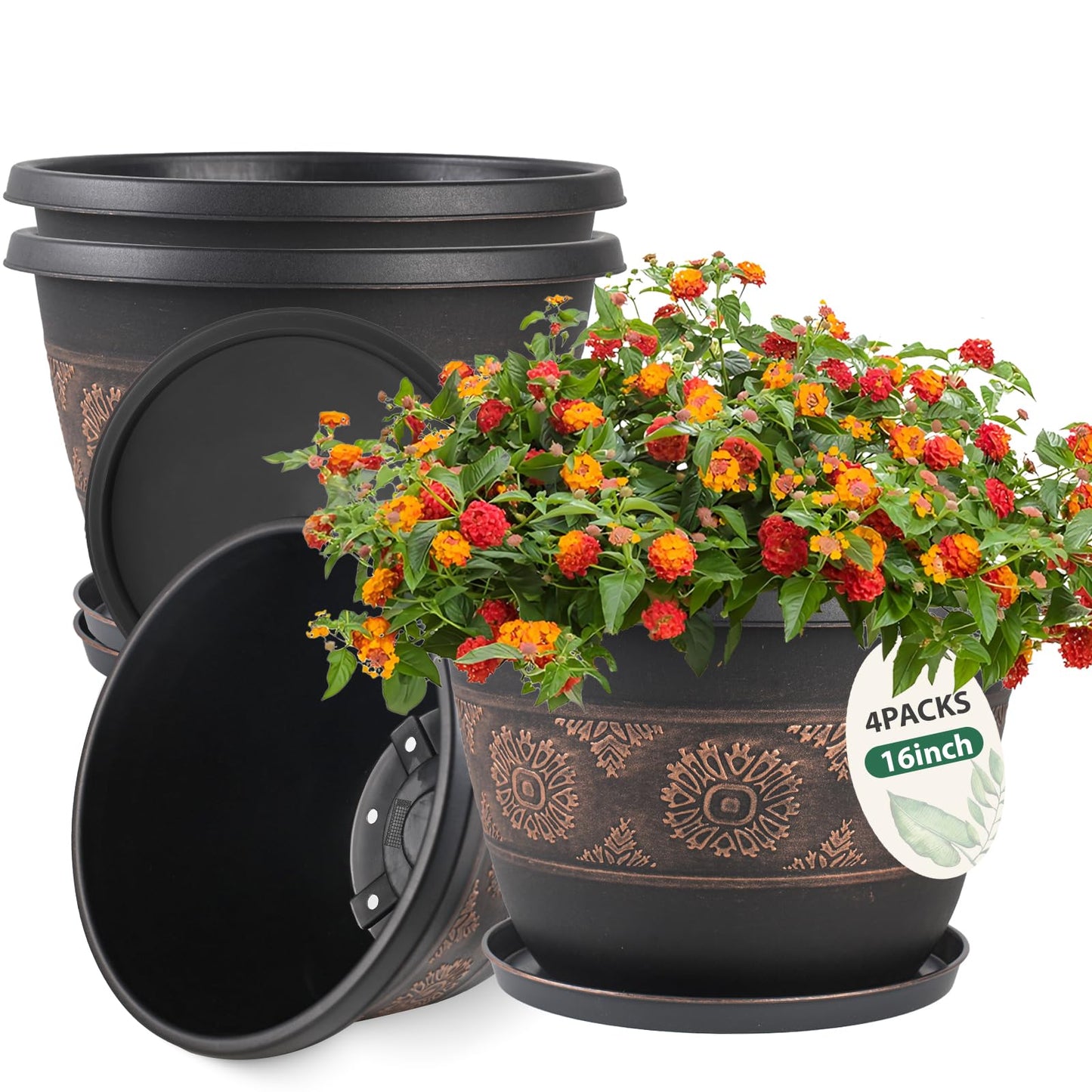 Usocik 4 Pack 16 inch Plant Pots, Retro Pattern Planters with Drainage Holes and Saucer, Sturdy Plastic Garden Flower Pots for Indoor & Outdoor Plants Copper