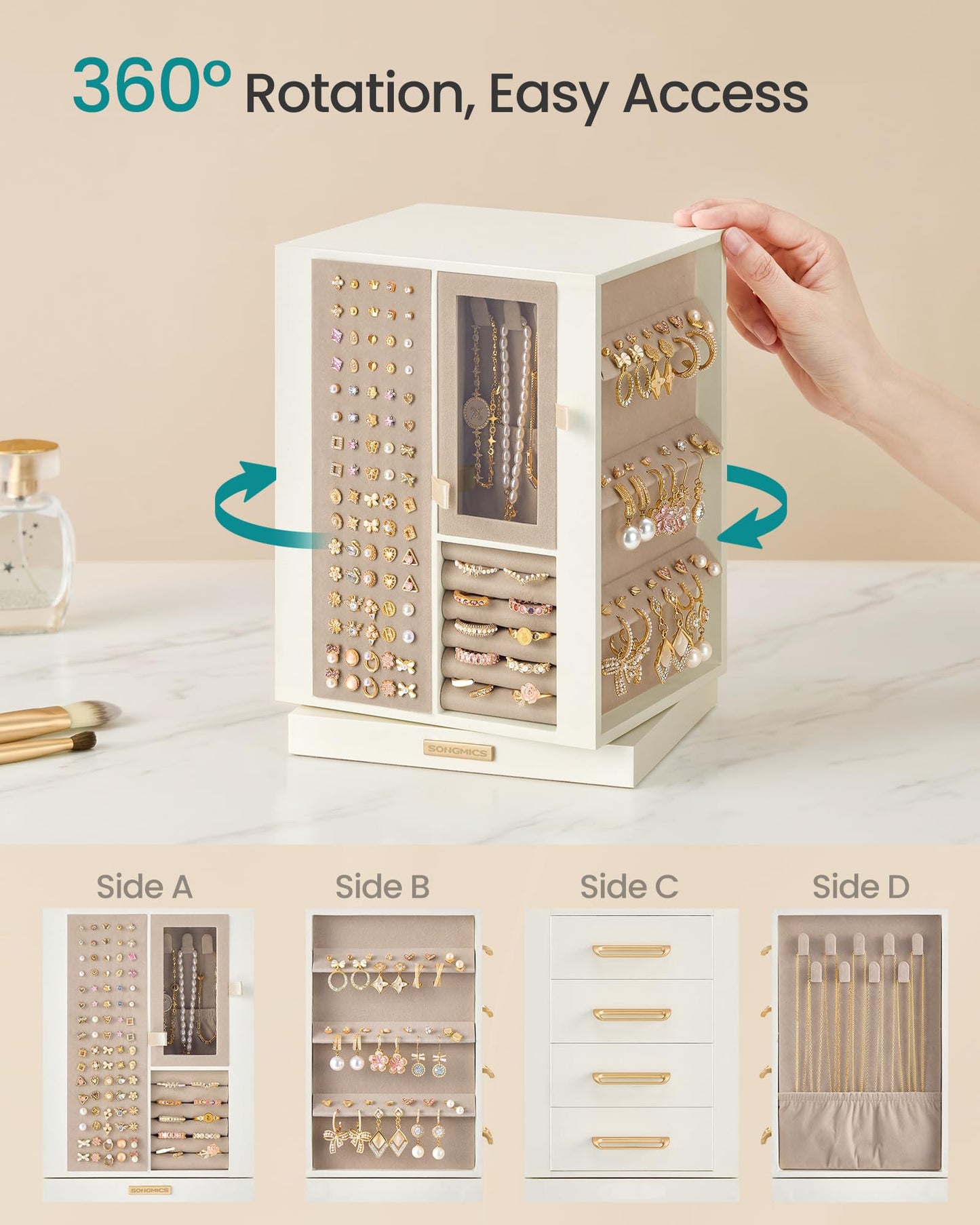 SONGMICS Jewelry Box 360° Rotating, Vertical Jewelry Storage Case with 4 Drawers, for Necklaces, Bracelets, Rings, Earrings, Gift Idea, Cream White UJBC211WD01