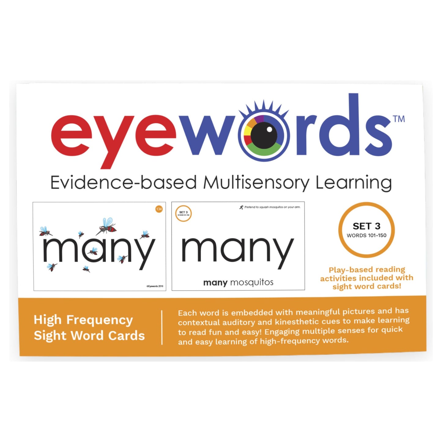 Eyewords Multisensory Sight Word & Phonics Flash Cards, Set 3 (High-Frequency Words 101-150) - Kinesthetic Learning, Picture-Embedded - Pre-K to Grade 2 - Homeschool & Classroom Use - Model EW-24