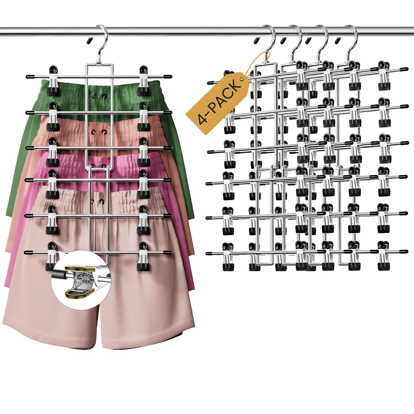 DAMITA Skirt Pants Hangers with Clips Space Saving Hanging Closet Organizer 6 Tiers Hanger with 360° Swivel Hook, Finger-Safe Design- College Dorm Room Apartment Essentials 4-Pack