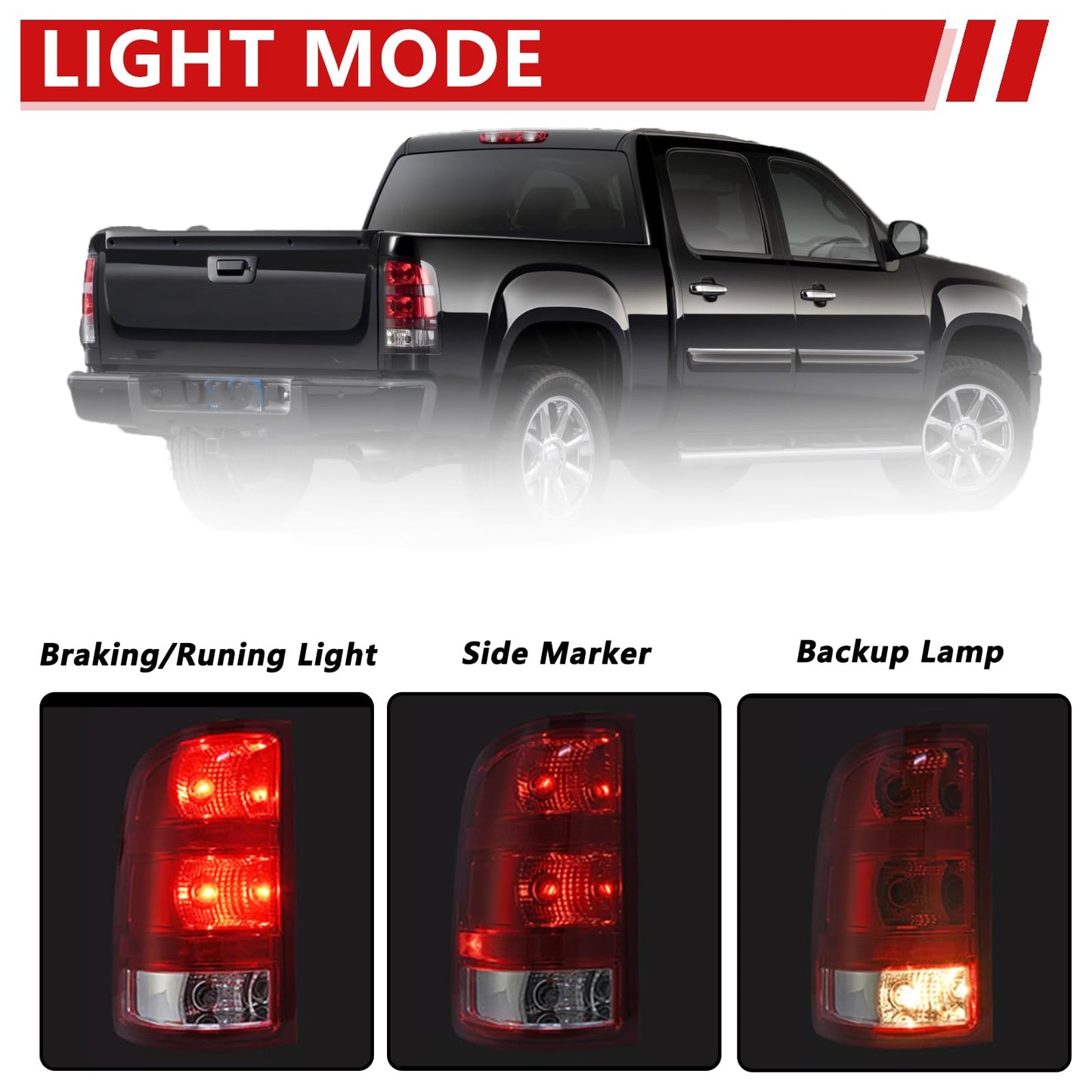 Left Tail Light Compatible With 2007-2013 GMC Sierra 1500 2500HD 3500HD Left Driver Side Rear Brake Lamps With Bulbs and Harness Included Black Edge Replace# GM2800208,GM2801208