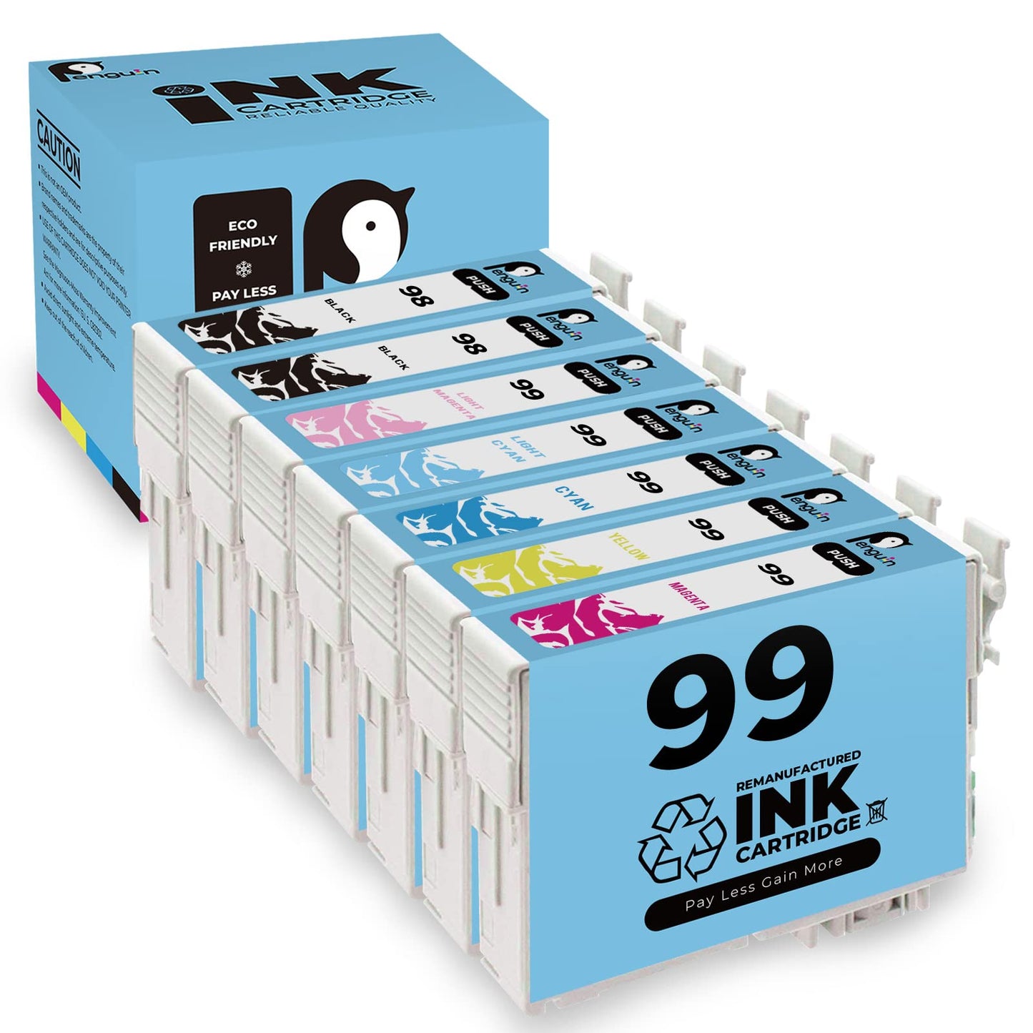 Penguin Remanufactured Ink Cartridge Replacement for Epson 99& 98 Used for Artisan 835 725 710 800 All-in-One Printer 7 Pack (2 Black 1 Cyan 1 Magenta 1 Yellow 1Light Cyan 1 Light Magenta) Combo Pack