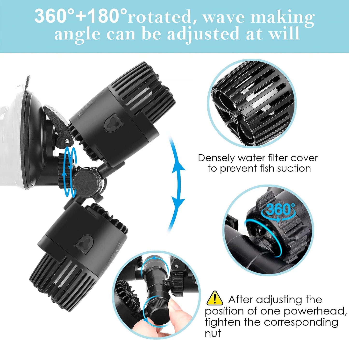 AQQA Aquarium Wave Maker,8W/12W/20W/25W Suction Cup Fish Tank Double Powerhead Pump，110V/60Hz Ultra Quiet Submersible Circulation Pump,360°+180°Adjustable for Freshwater Saltwater (20W 4227GPH)