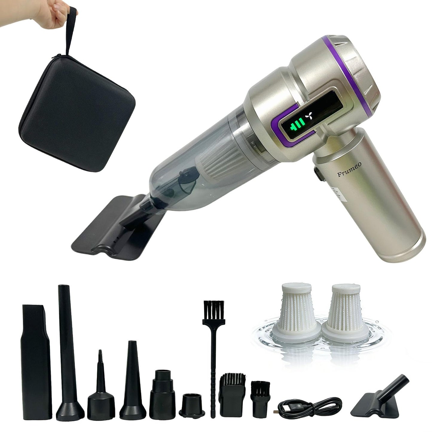 Frumeo 7-in-1 Powerful Car Vacuum Cleaner Cordless, 22000PA Mini Handheld Vacuum with LED Display, 3 Modes, Brushless Motor Portable Duster Blower Pump Hand Vacuum for Car, Home, Office