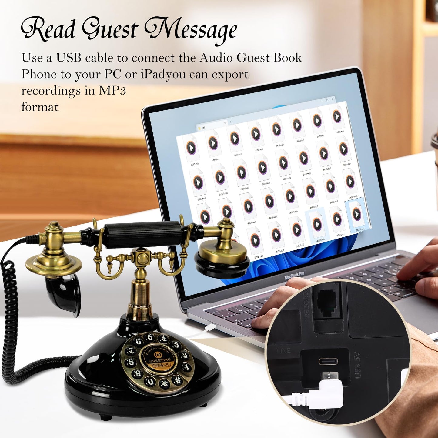 Audio Guest Book Wedding Phone,Audio Guestbook Phone Vintage Style Audio Message Voicemail for Graduation Retirement Party Birthdays Baby Shower Special Occasions (Black)
