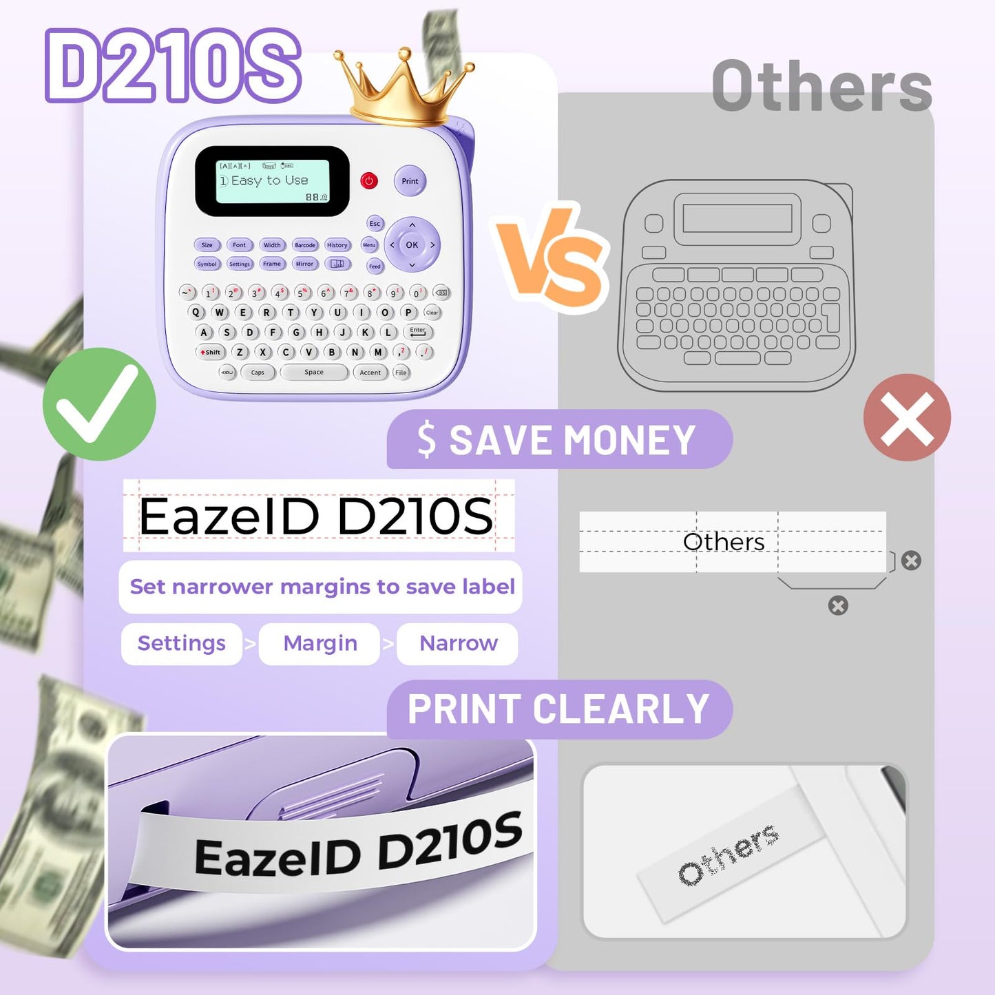 Label Maker Machine with Tape, Purple Label Maker Waterproof Labels, Portable Labeler for Teachers Kids Classroom Use, Desktop Labeler with Multiple Symbols & Fonts for Home Office School Use, D210S
