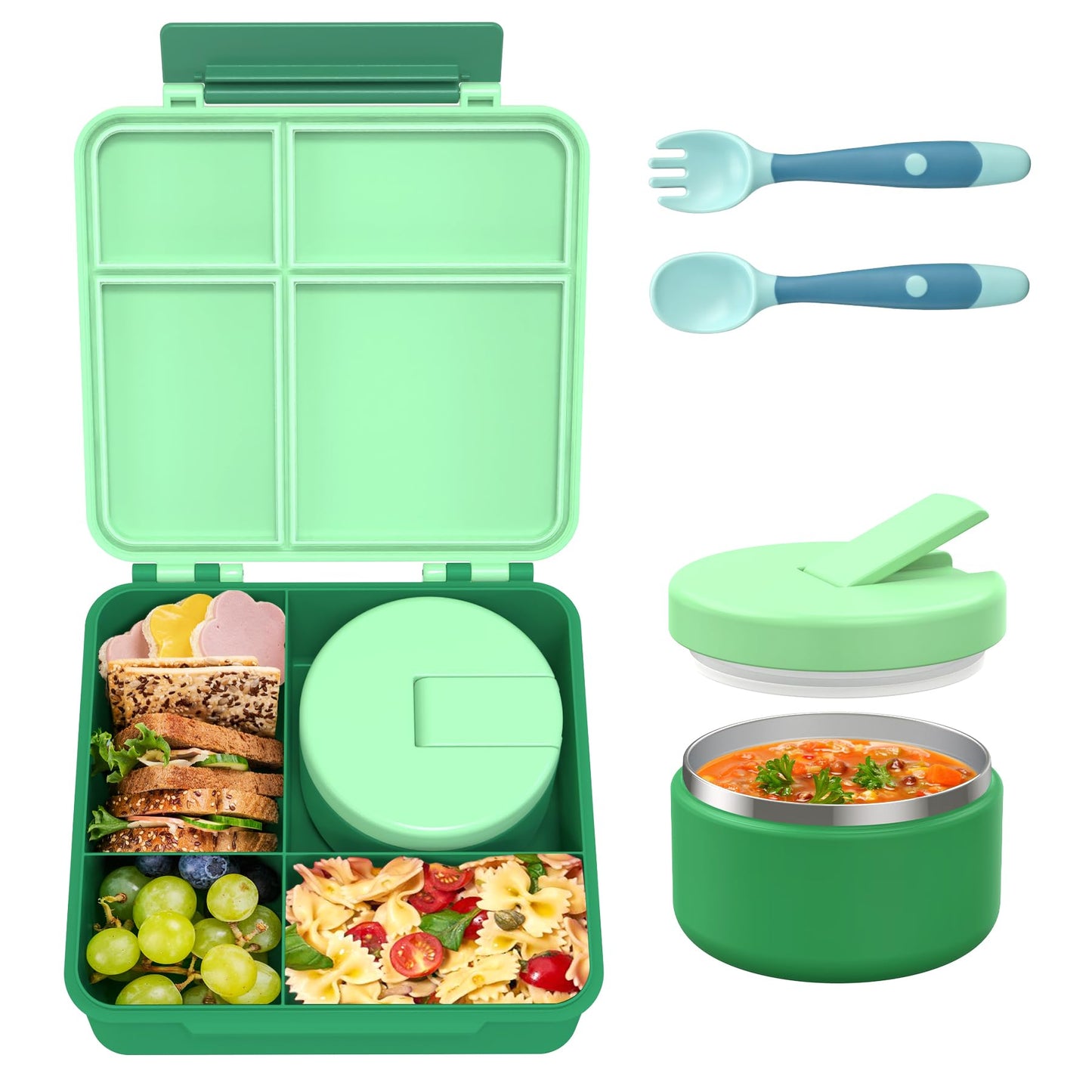 Bento Lunch Box for Kid with 7oz Soup Jar, Leak-Proof Lunch Box with Cutlery, 4-Compartments Lunch Container for School Outdoors Office