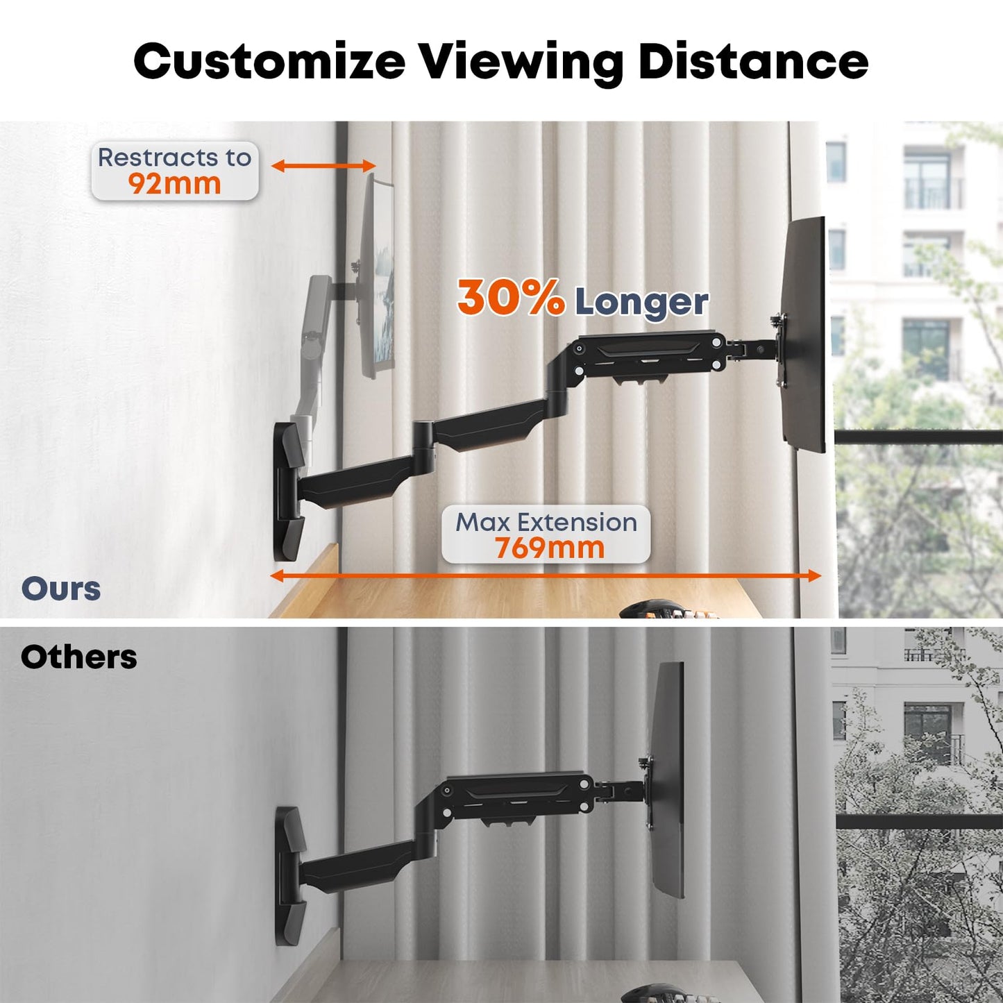 Monitor Wall Mount for 17 to 32 inch Computer Screen, Extra Long Single Wall Mount Monitor Arm, Full Motion Vesa Wall Bracket, VESA 75/100mm, Hold up to 19.8lbs, Black