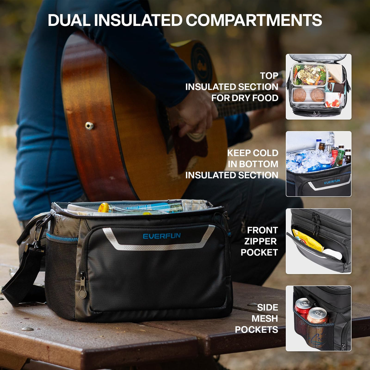 EVERFUN Small Cooler Bag Insulated Beach Cooler Lunch Bag for Men 24 Can Dual Compartments Reusable Waterproof Leak-Proof for Travel Work Picnic, Black