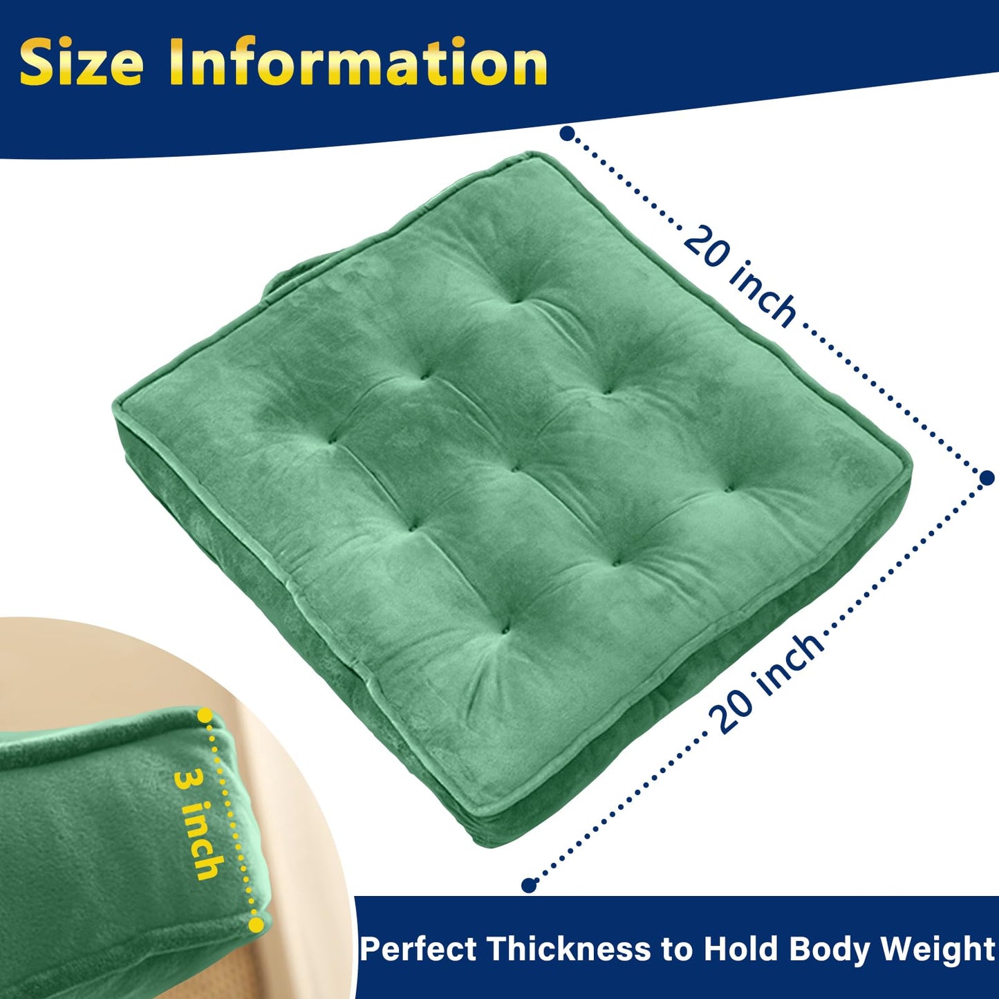 1 MIDDLE ONE Floor Pillow Set of 2, Memory Foam Meditation Cushion, Floor Cushions for Adults Sitting, Large Square Seat Cushions for Yoga, Living Room, 20x20 Inch (Green)