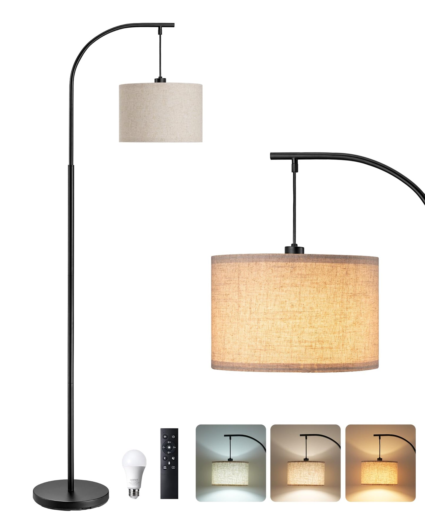 EDISHINE Modern Arc Floor Lamp with Beige Linen Drum Shade & Heavy Base, Dimmable Black Reading Light, Remote Control Bulb Included, Tall Standing Lamp for Reading, Office, Lighting