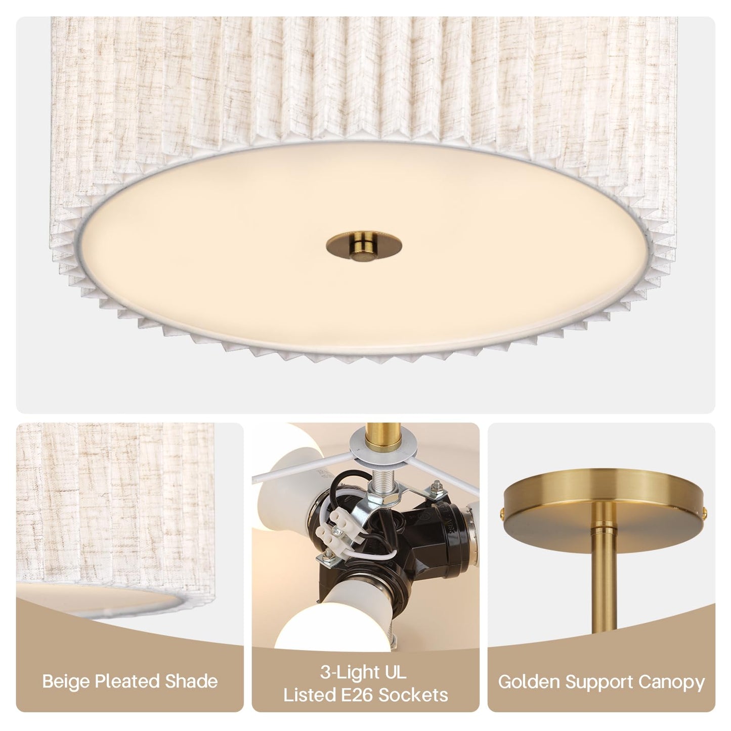 Mid Century Modern Semi Flush Mount Ceiling Light with Pleated Fabric Shade, 12.5 in Drum Gold Light Fixture with Lights, Beige White Linen Lamp for Bedroom, Living Room, Dining Room, Hallway
